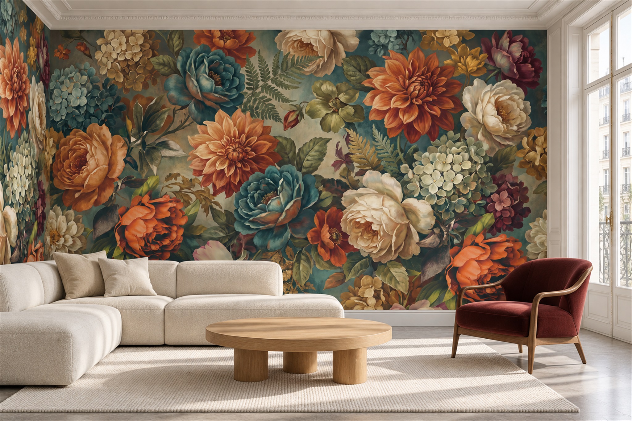 Teal Garden Bouquet Vintage Floral Wallpaper Mural — Wallpaper Mural Design, Peel-and-stick Finish