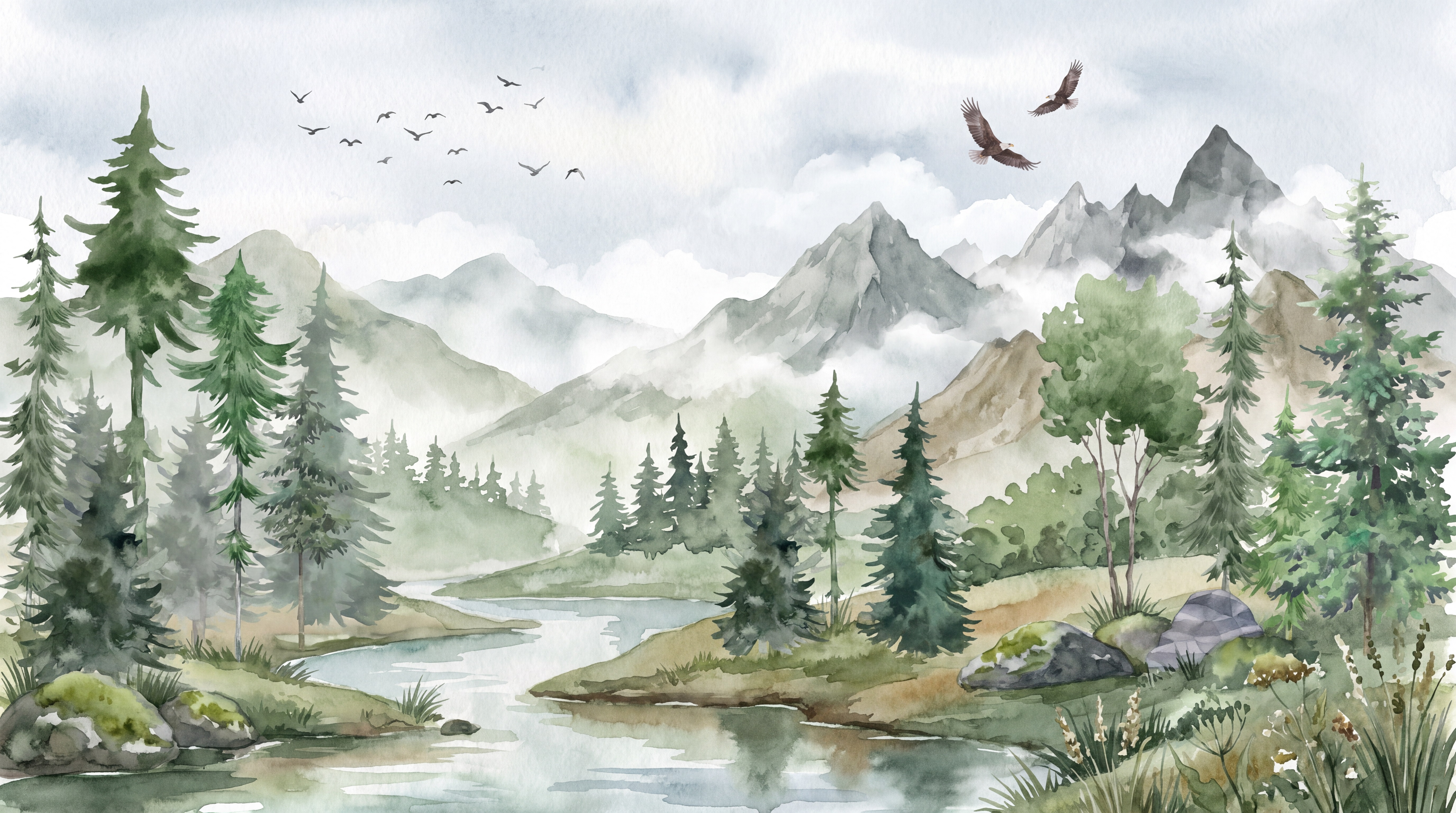 Green Pine Scenic Wallpaper Mural, Peel-and-stick Finish