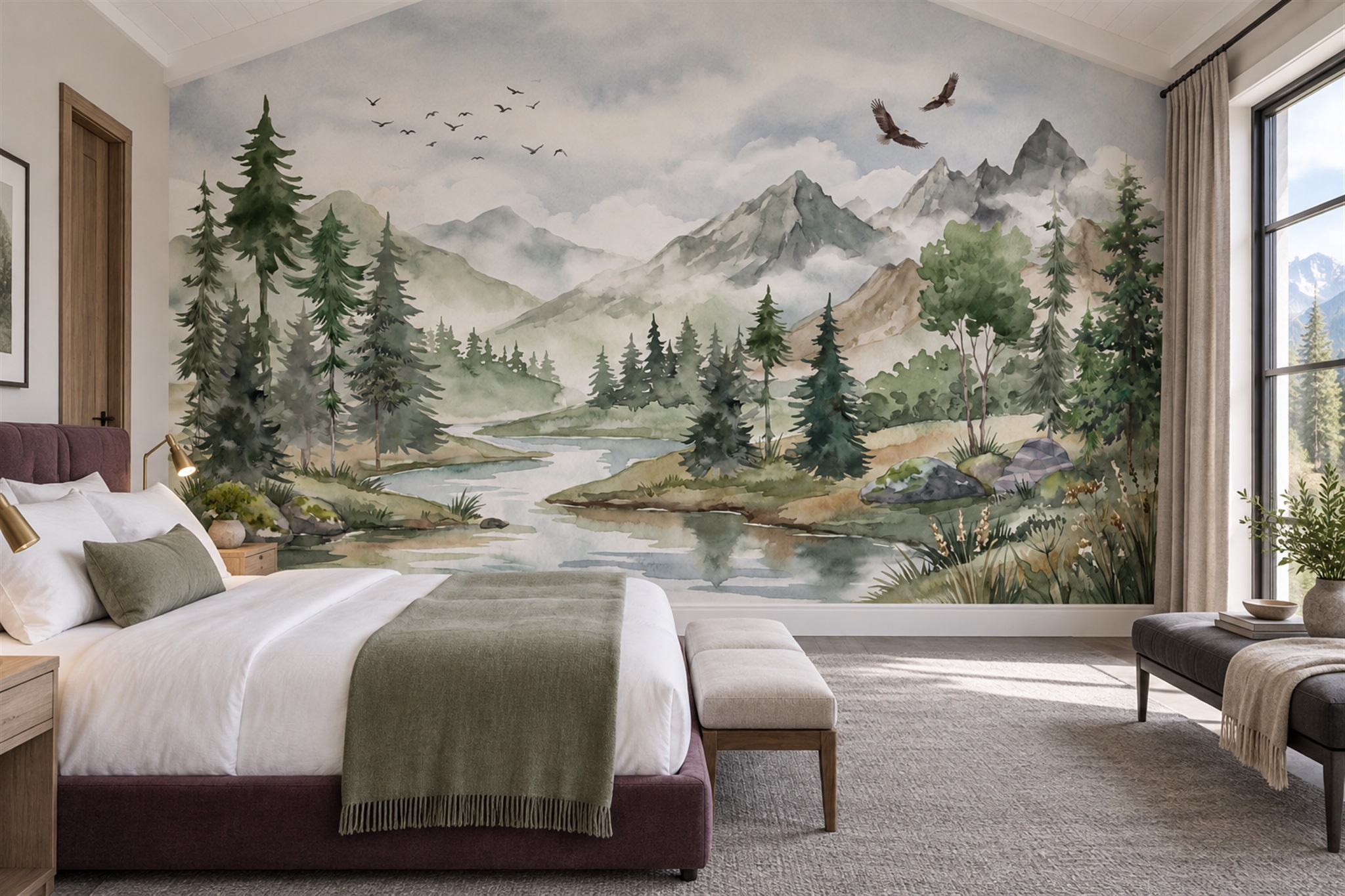 Misty Mountain River And Pine Forest Watercolour Wallpaper Mural — Installed Wallpaper Mural In A Bedroom, Peel-and-stick Finish