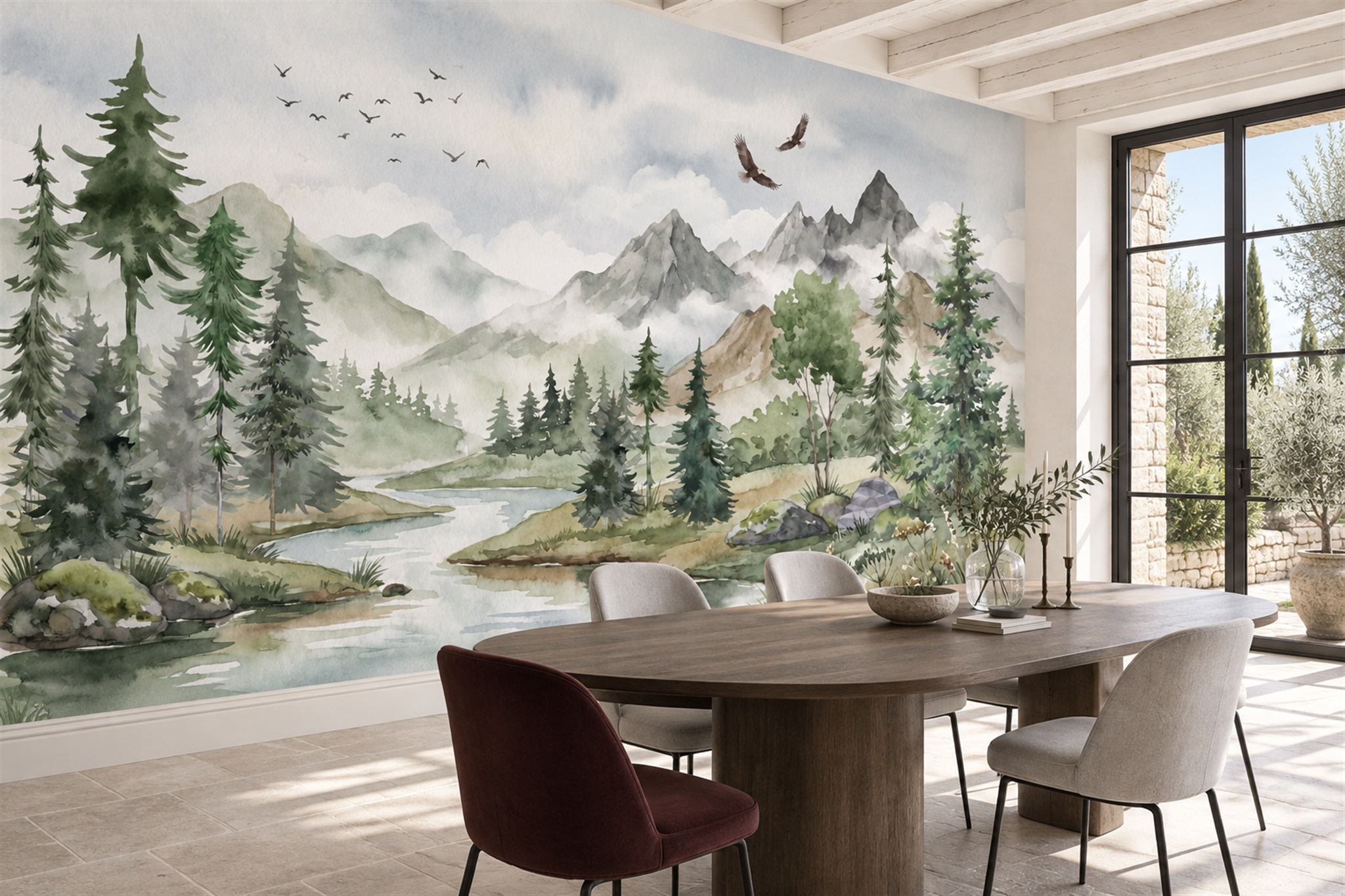 Green Pine Scenic Wallpaper Mural Dining-room-wallpaper-murals, Shown In A Dining Room, Peel-and-stick Finish