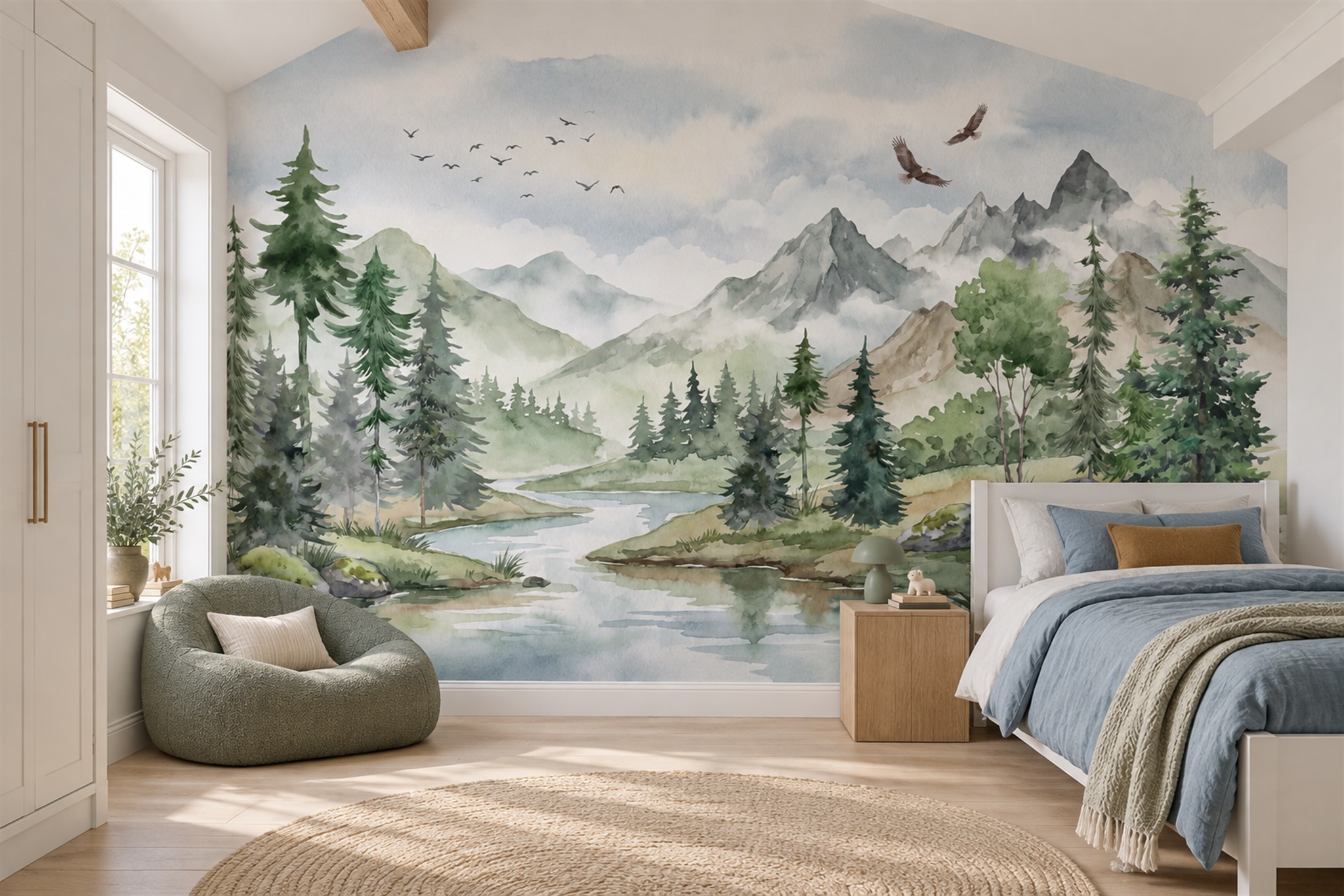 Green Pine Scenic Wallpaper Mural Feature-wall-wallpaper-murals, Peel-and-stick Finish