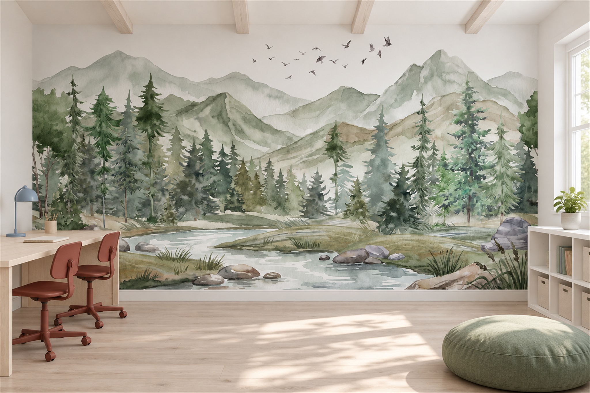 Sage Scenic Scenic Wallpaper Mural Office-wallpaper-murals, Shown In A Home Office, Peel-and-stick Finish