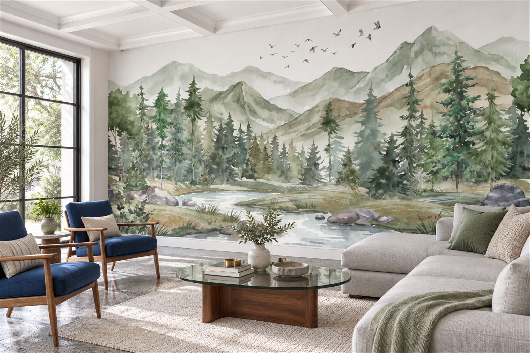 Sage Mountain Forest River Wallpaper Mural — Wallpaper Mural Design, Peel-and-stick Finish