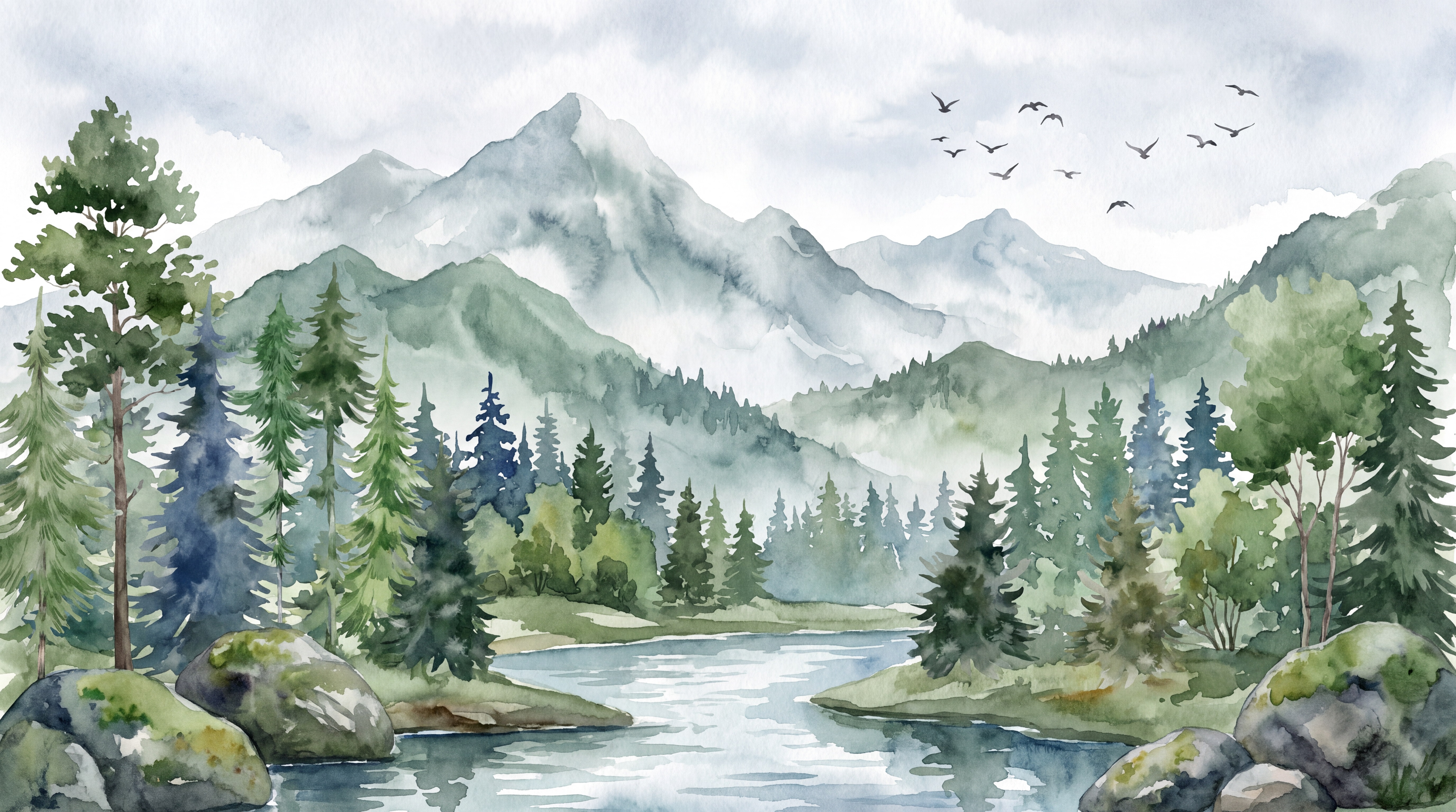 Blue River Scenic Wallpaper Mural, Peel-and-stick Finish