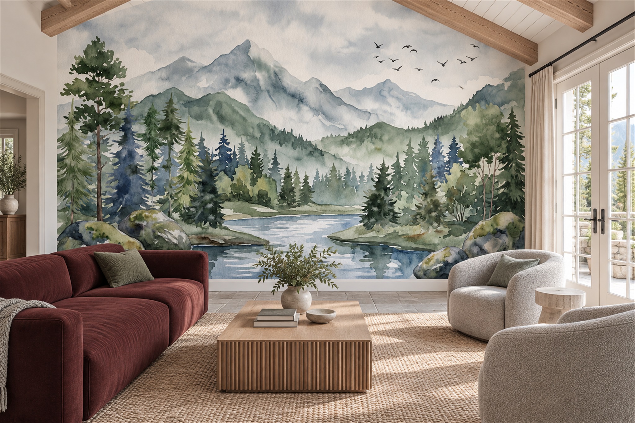 Blue River Scenic Wallpaper Mural Accent-wall-wallpaper-murals, Peel-and-stick Finish