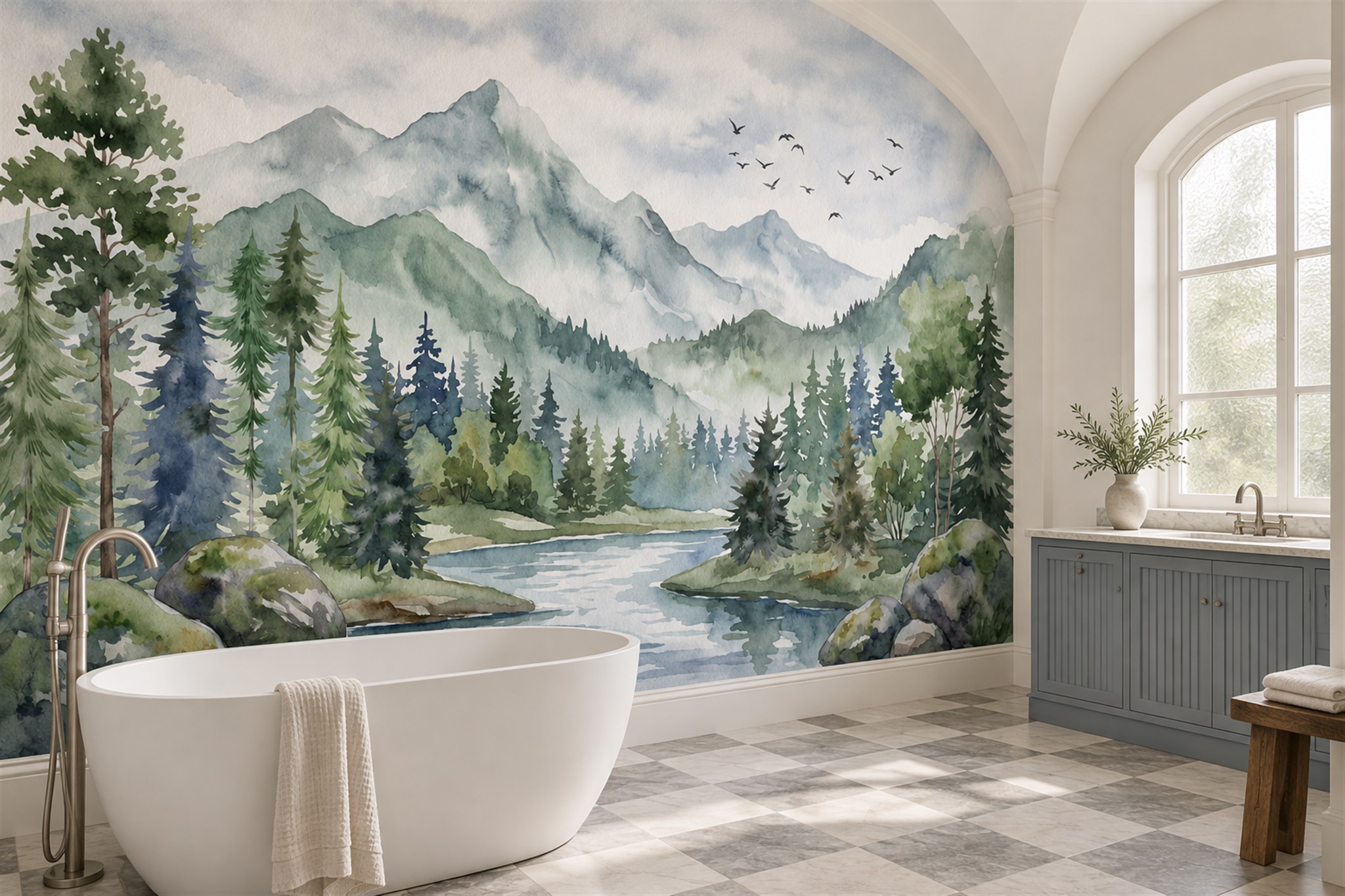 Blue River Scenic Wallpaper Mural Bathroom-wallpaper-murals, Peel-and-stick Finish