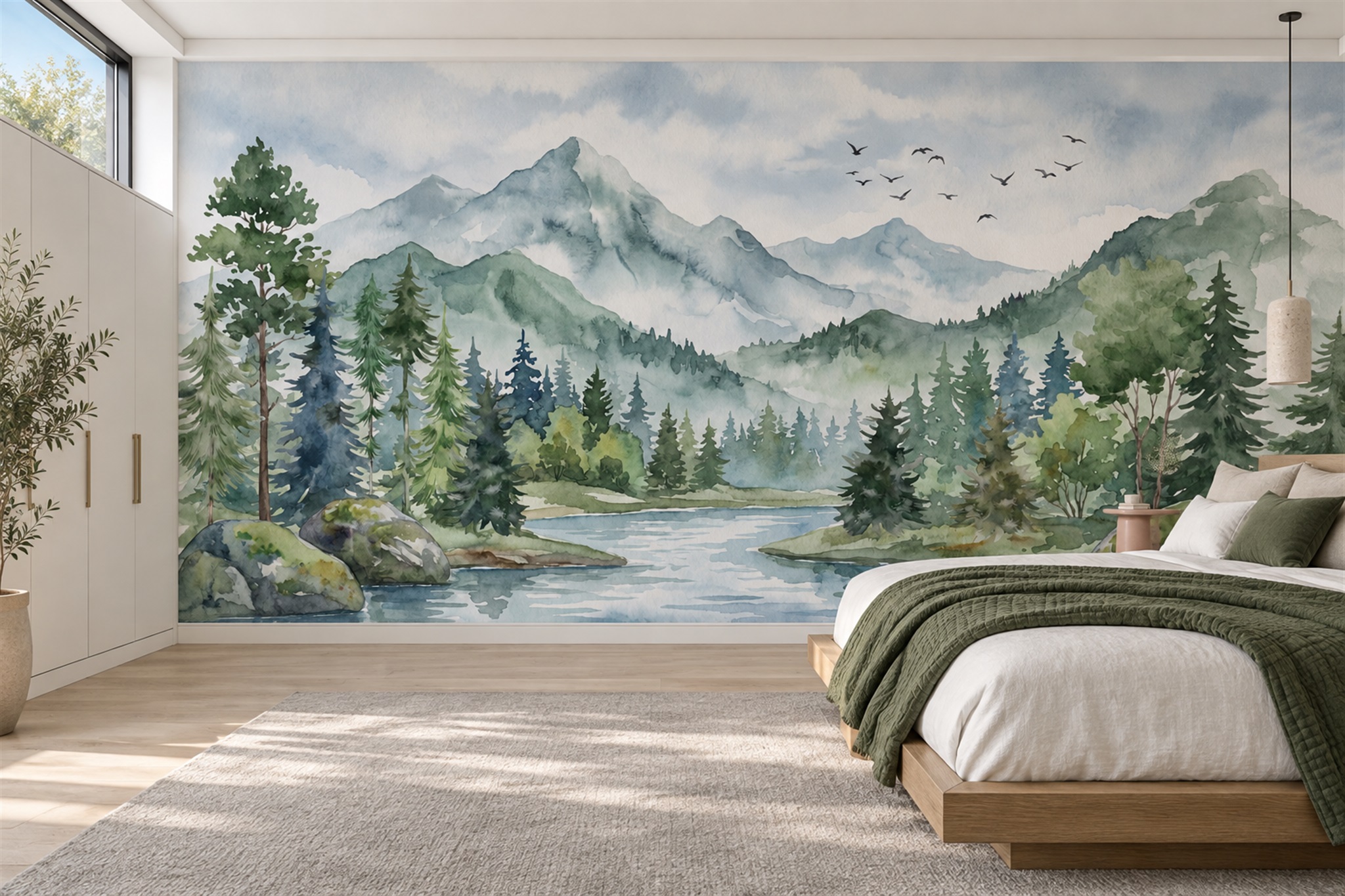 Blue River Scenic Wallpaper Mural Accent-wall-wallpaper-murals, Peel-and-stick Finish