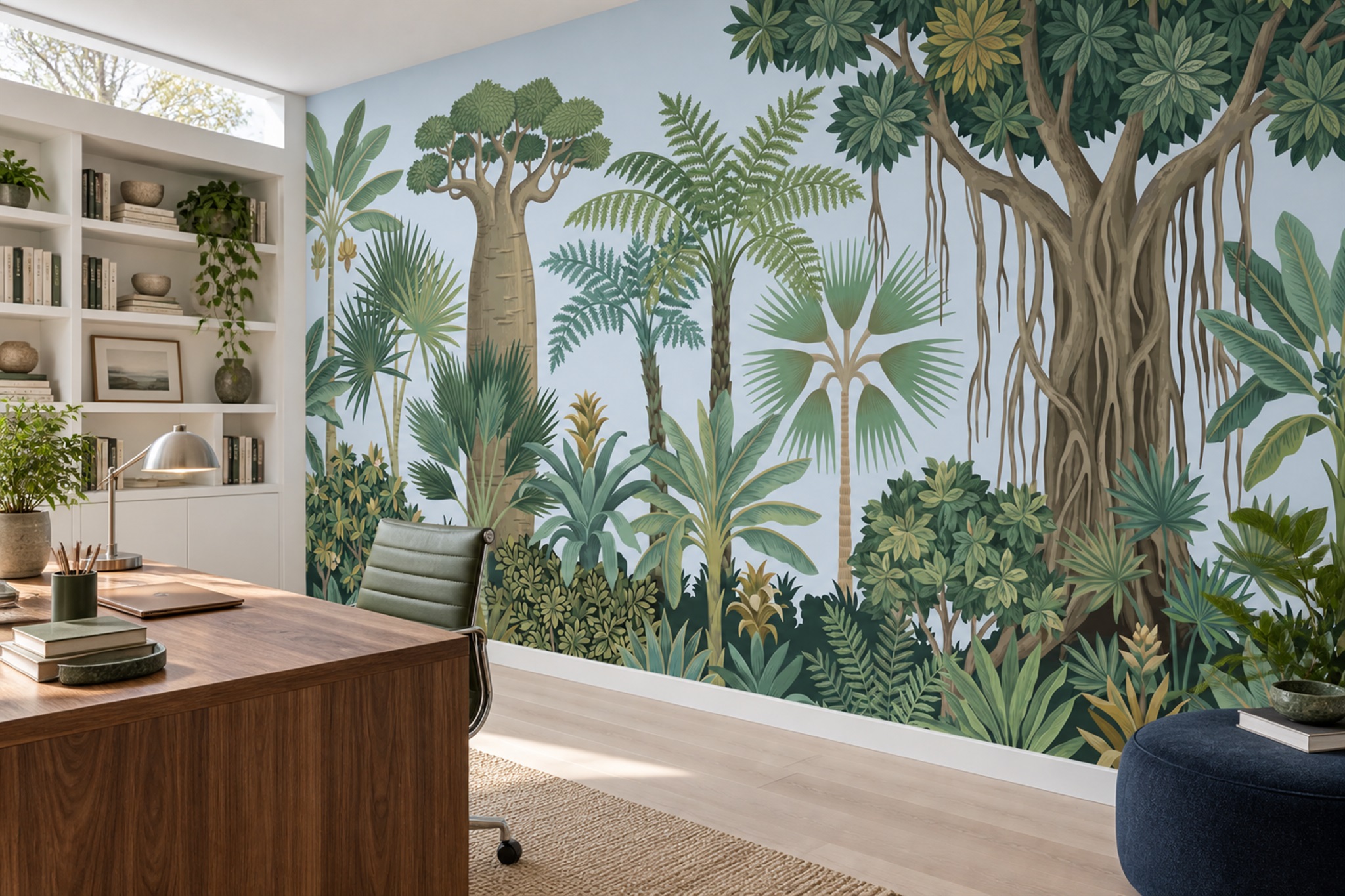 Green Jungle Scenic Decorative Wallpaper Mural Office-wallpaper-murals, Shown In A Home Office, Peel-and-stick Finish