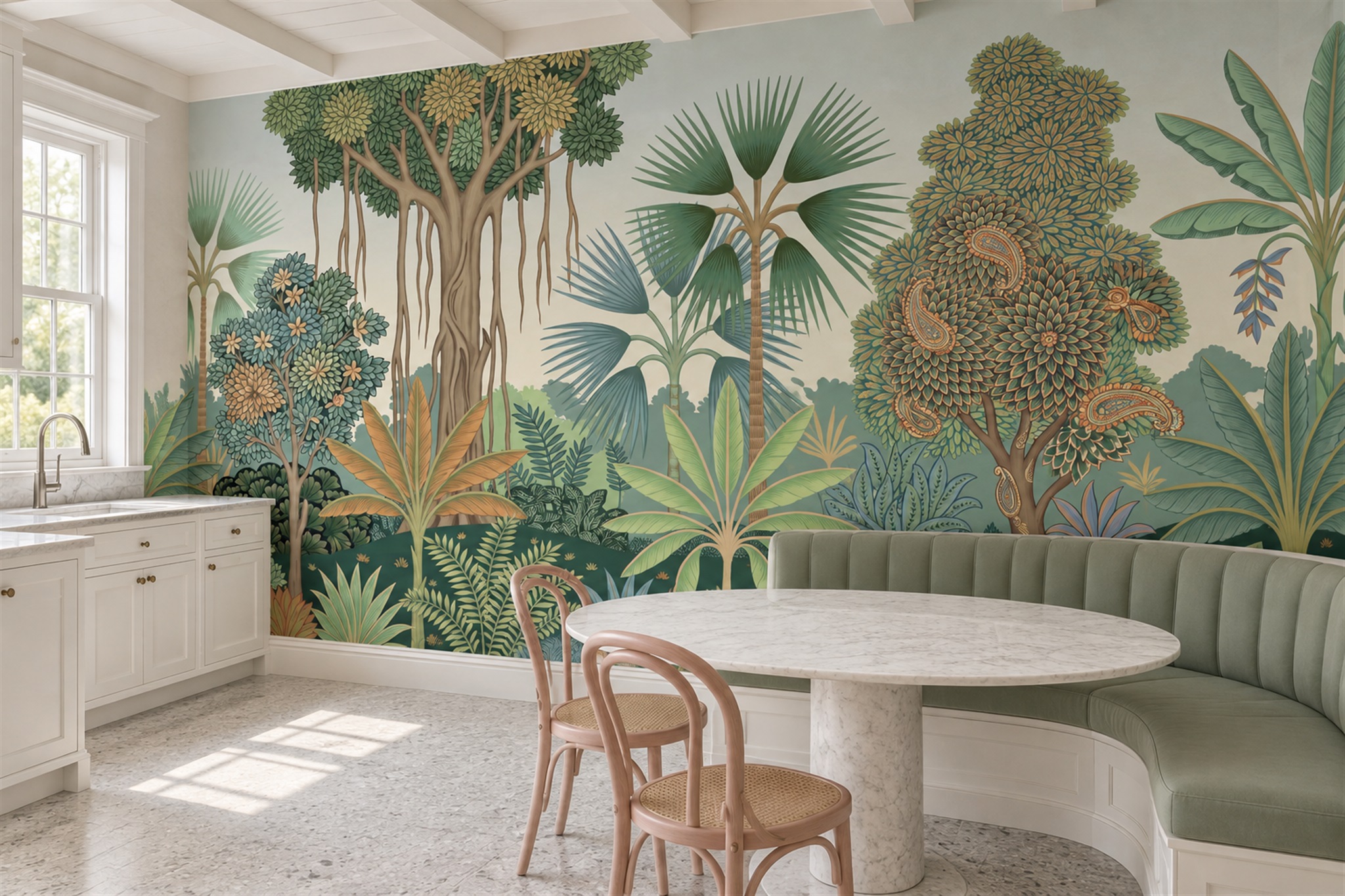 Sage Trees Scenic Wallpaper Mural Dining-room-wallpaper-murals, Shown In A Dining Room, Peel-and-stick Finish