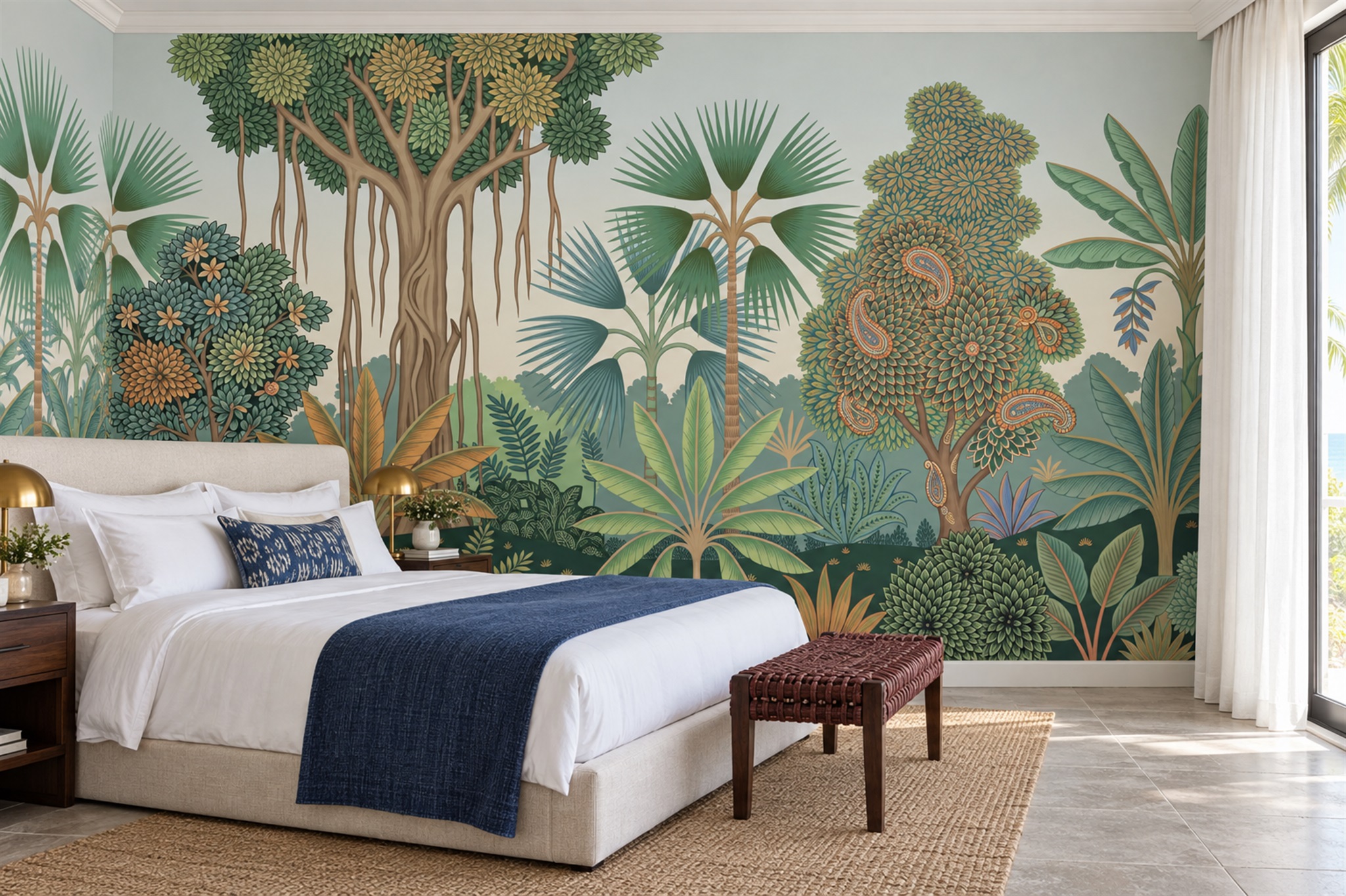Sage Tropical Tree Canopy, Palms And Paisley Foliage Wallpaper Mural — Installed Wallpaper Mural In A Bedroom, Peel-and-stick Finish