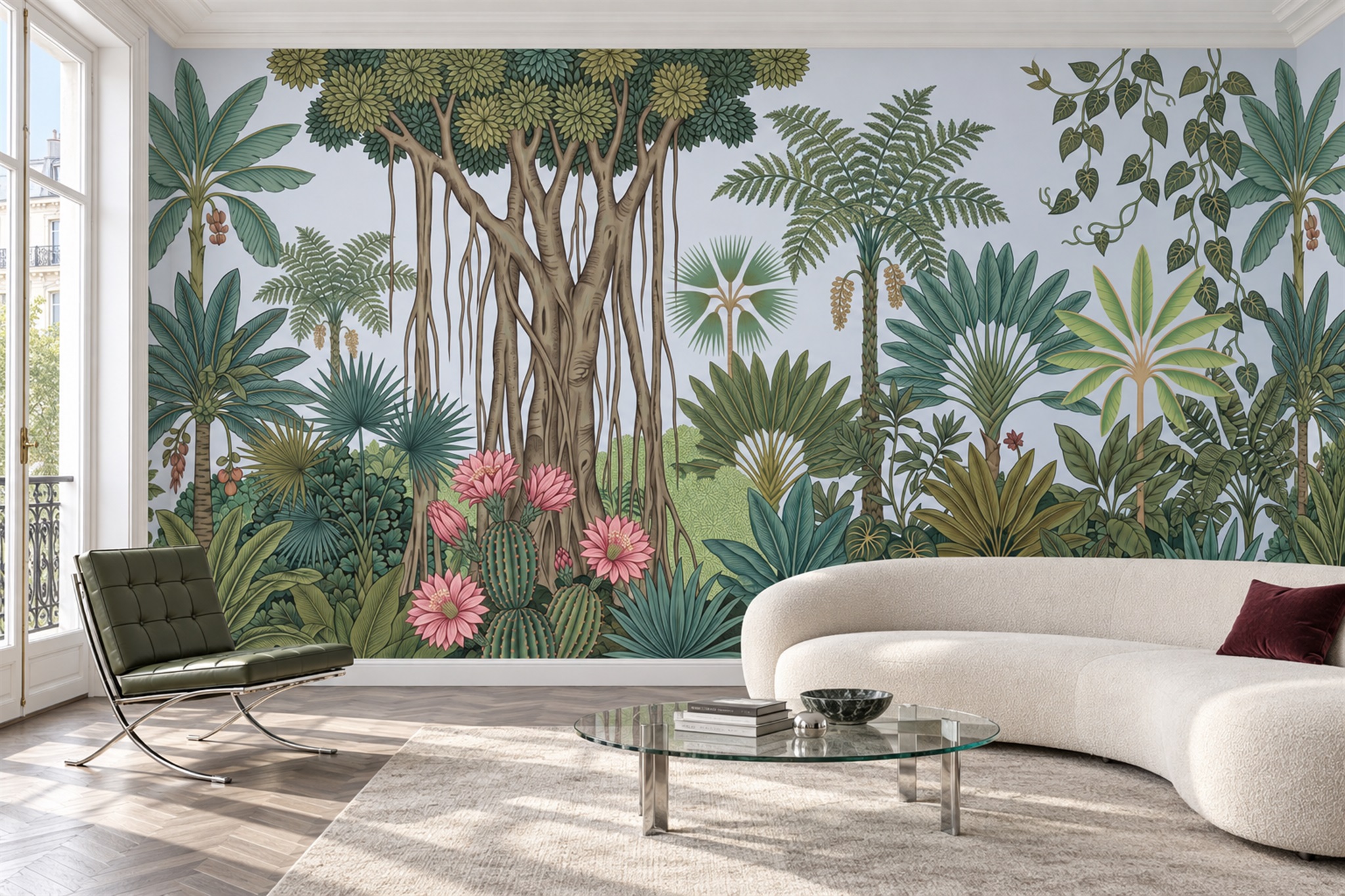 Green Palm Artful Decorative Wallpaper Mural, Peel-and-stick Finish