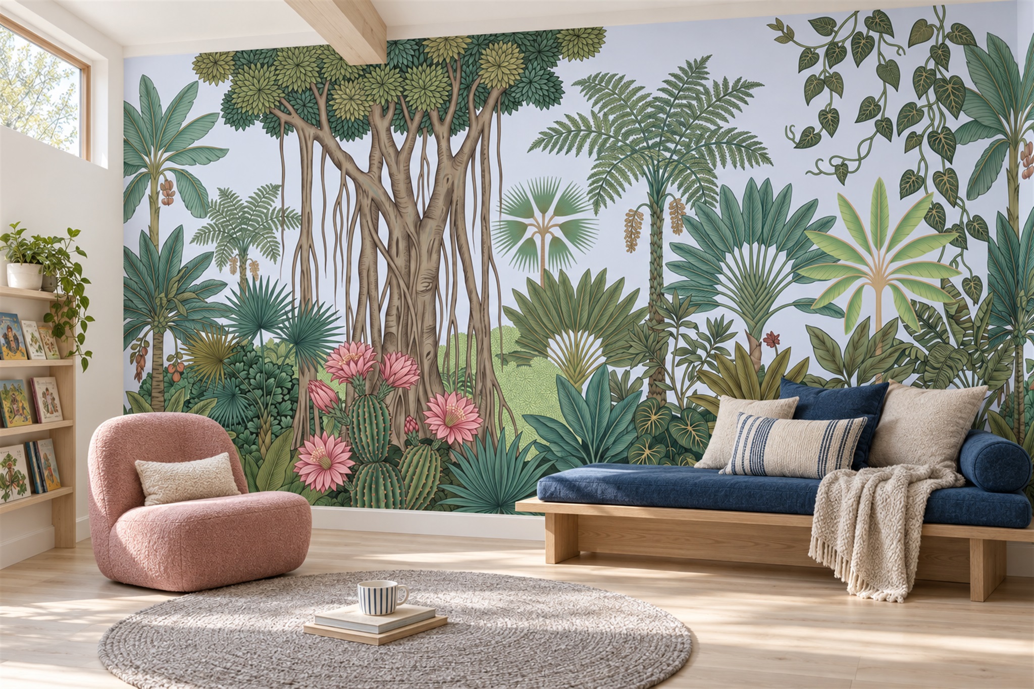 Tropical Jungle Trees, Monstera And Bird Of Paradise Wallpaper Mural — Wallpaper Mural Design, Peel-and-stick Finish
