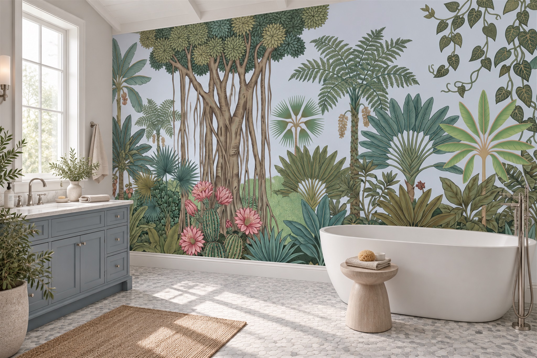 Green Palm Artful Decorative Wallpaper Mural Bathroom-wallpaper-murals, Peel-and-stick Finish