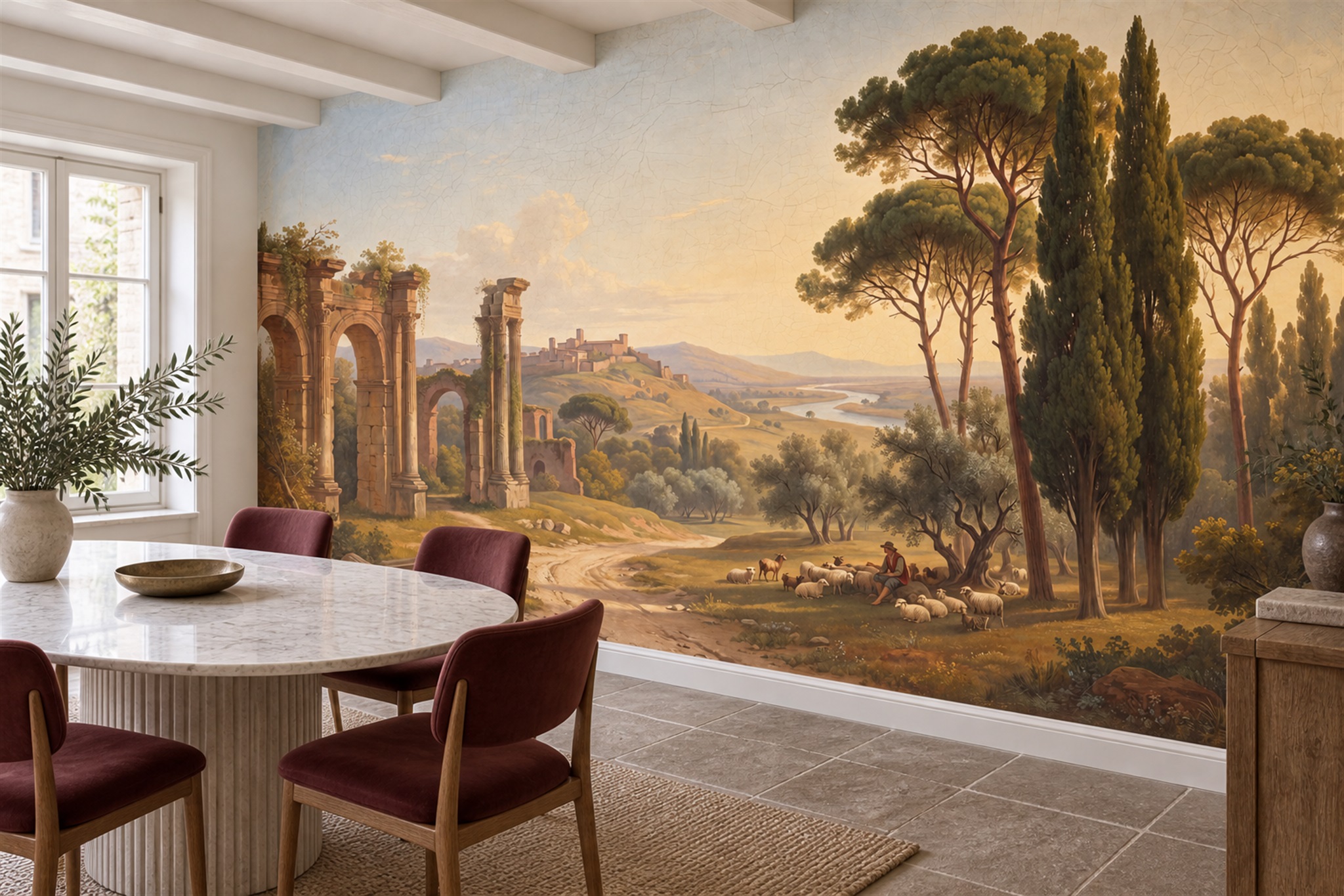 Gold Pattern Decorative Atmospheric Wallpaper Mural Dining-room-wallpaper-murals, Shown In A Dining Room, Peel-and-stick Finish