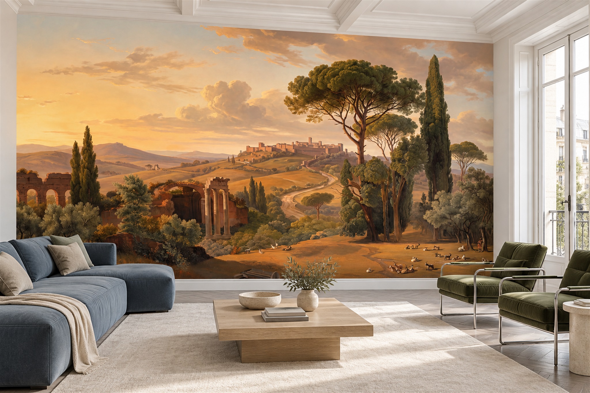 Golden Tuscan Hillside Cypress Landscape Wallpaper Mural — Wallpaper Mural Design, Peel-and-stick Finish