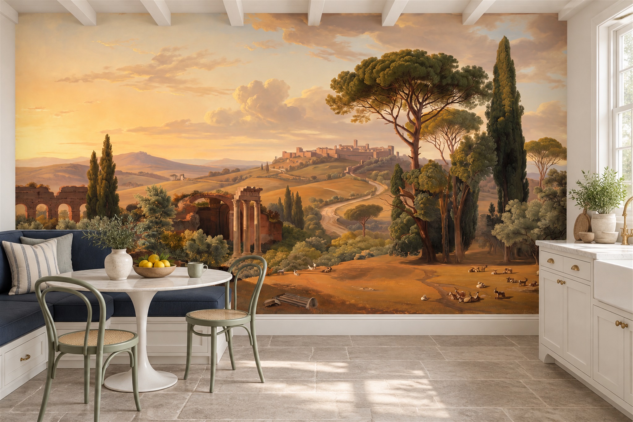 Gold Landscape Scenic Wallpaper Mural Dining-room-wallpaper-murals, Peel-and-stick Finish