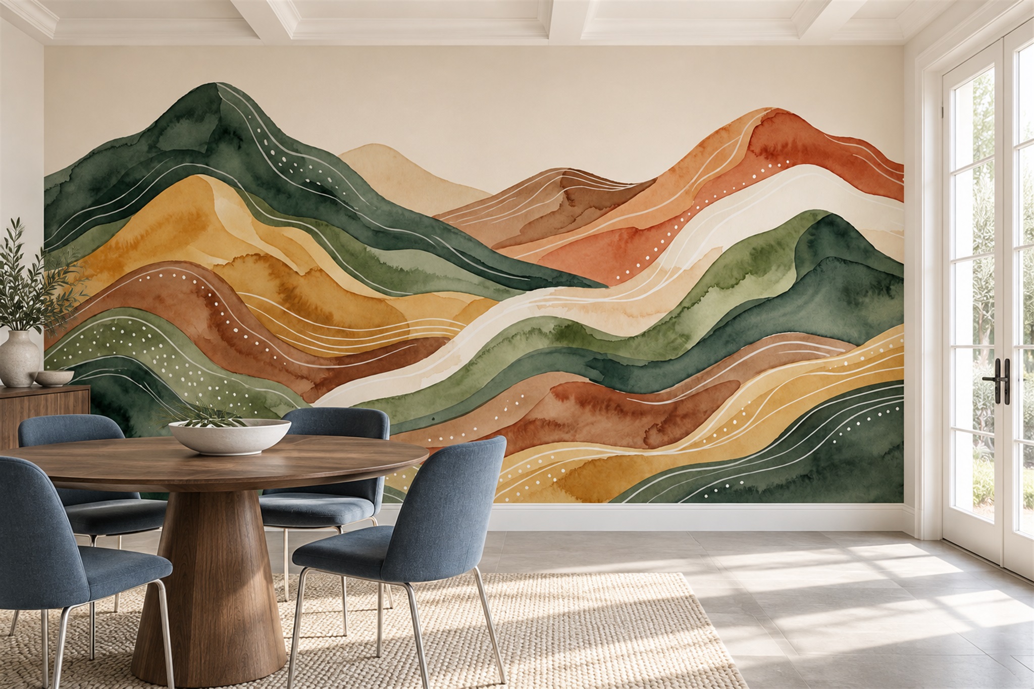 Green Hills Scenic Wallpaper Mural Dining-room-wallpaper-murals, Peel-and-stick Finish