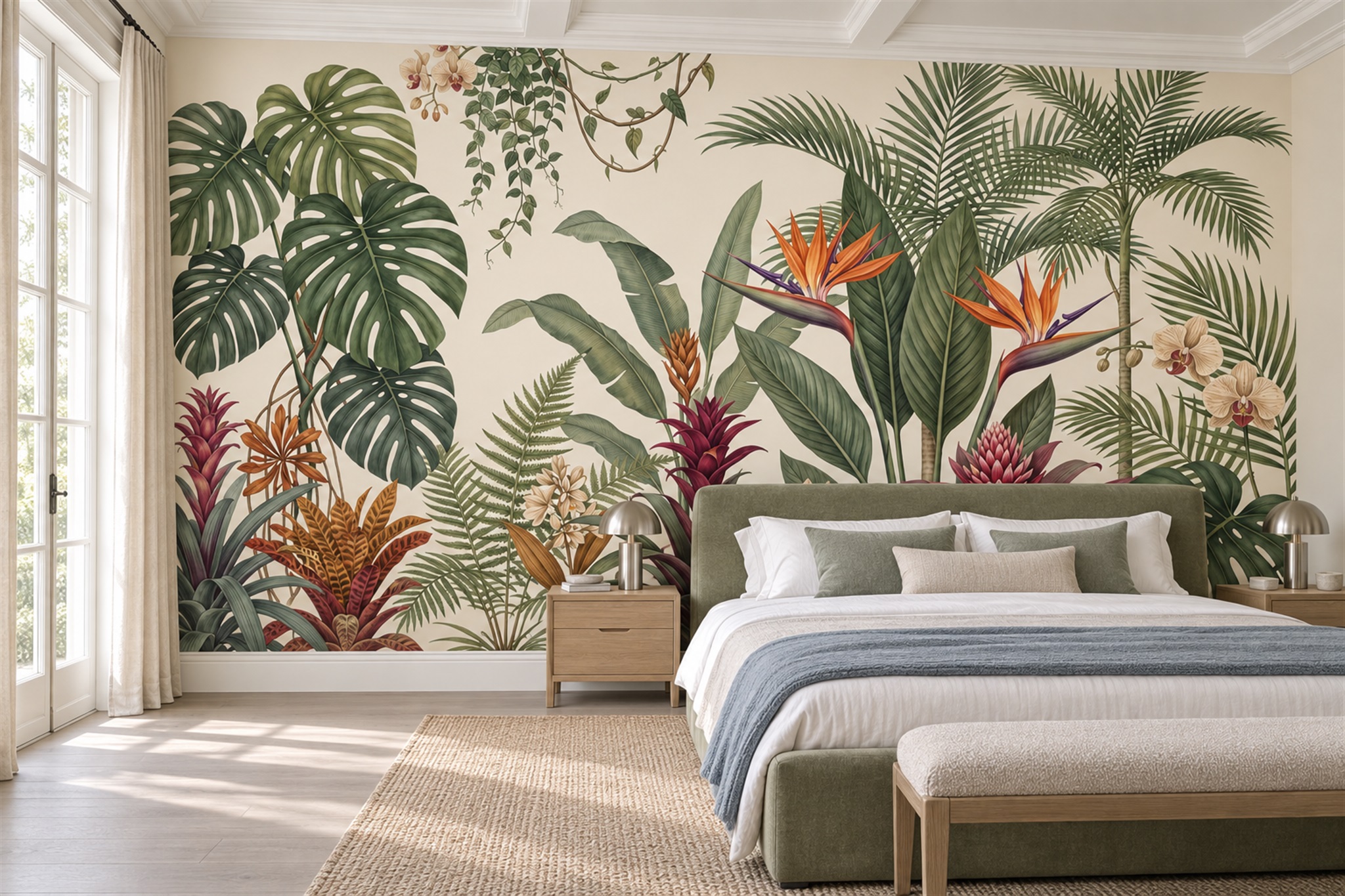 Green Tropical Artful Wallpaper Mural Bedroom-wallpaper-murals, Peel-and-stick Finish