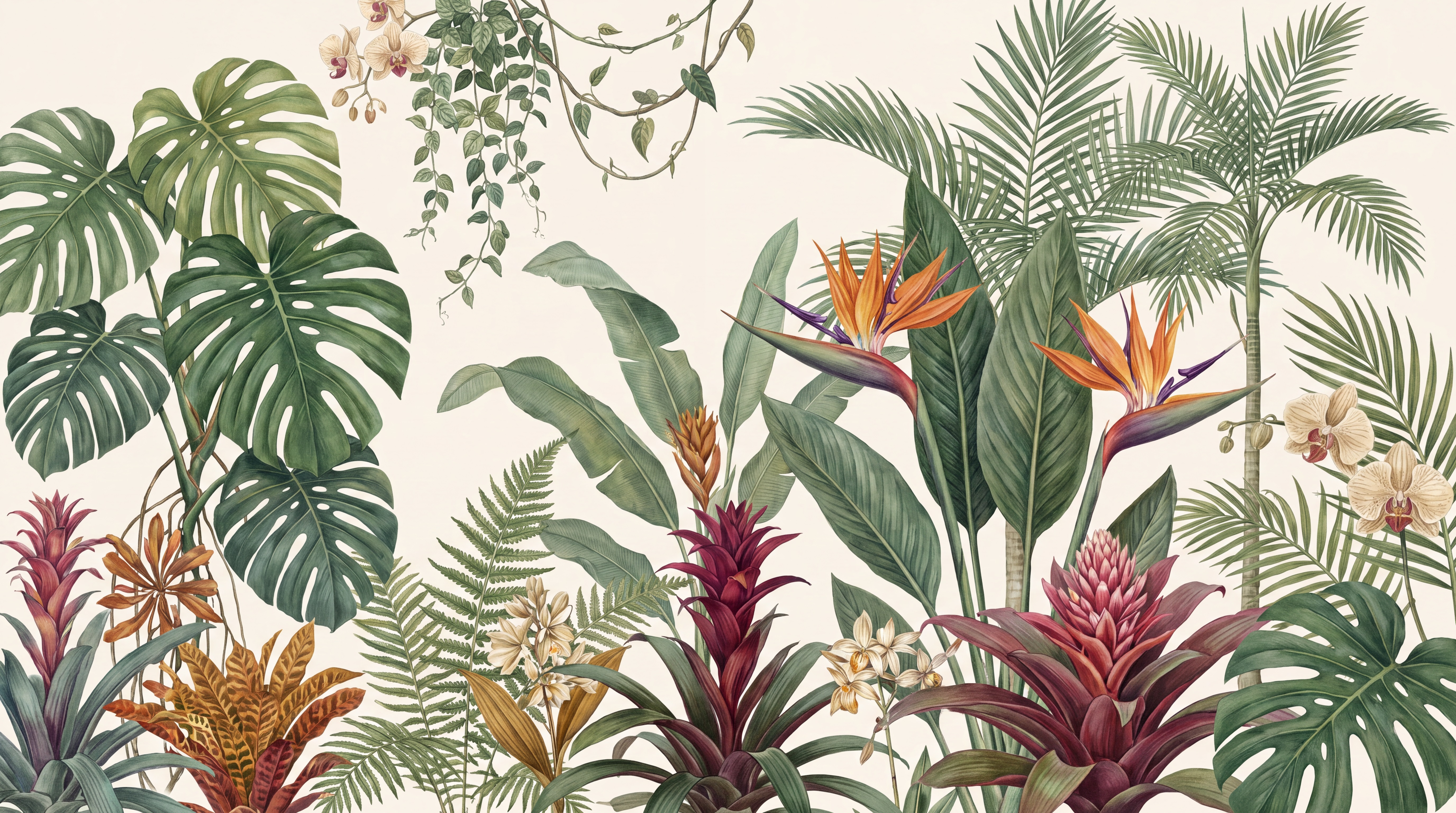 Green Tropical Artful Wallpaper Mural, Peel-and-stick Finish