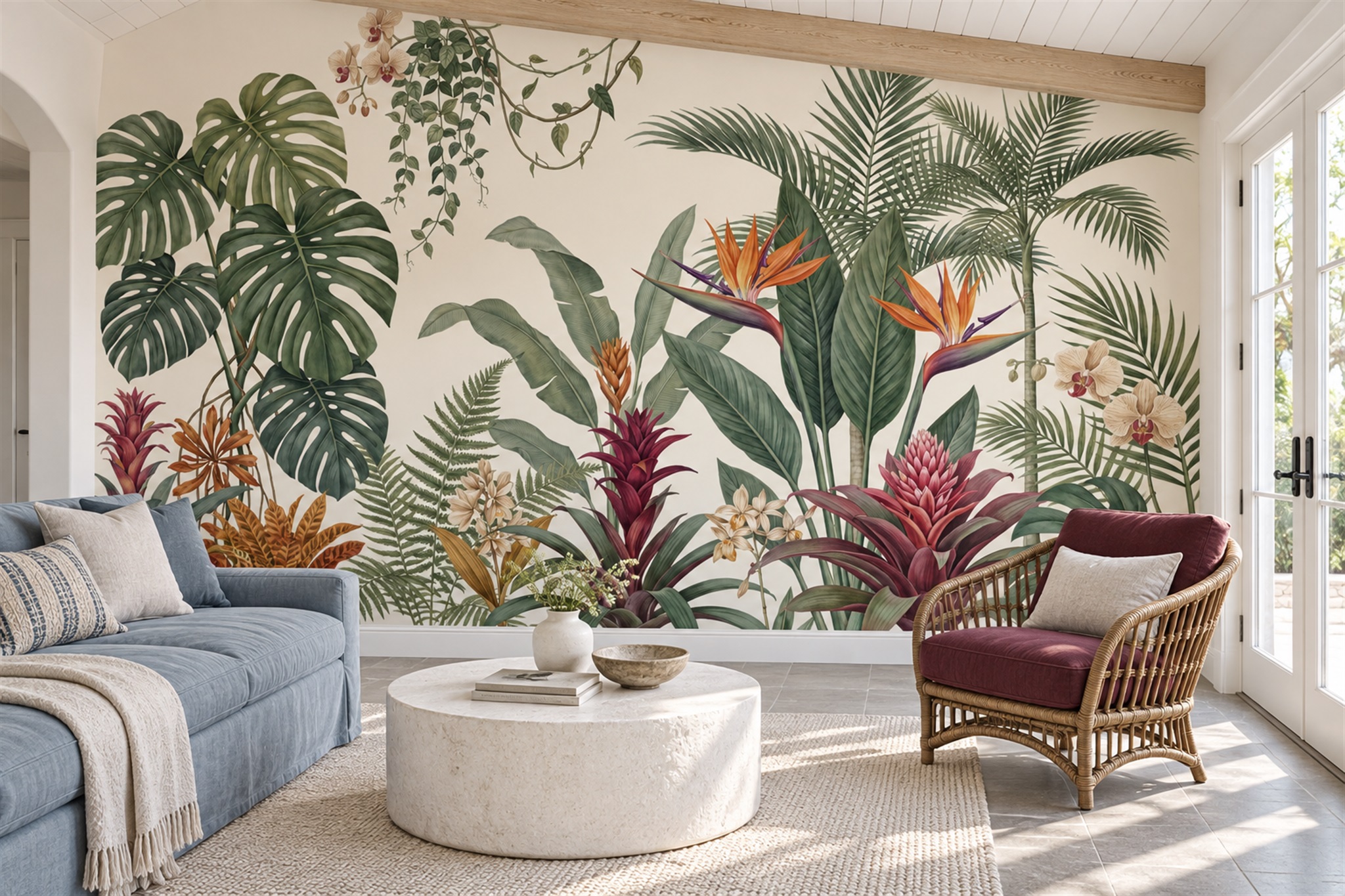 Tropical Monstera, Palms And Bird Of Paradise Wallpaper Mural — Wallpaper Mural Design, Peel-and-stick Finish