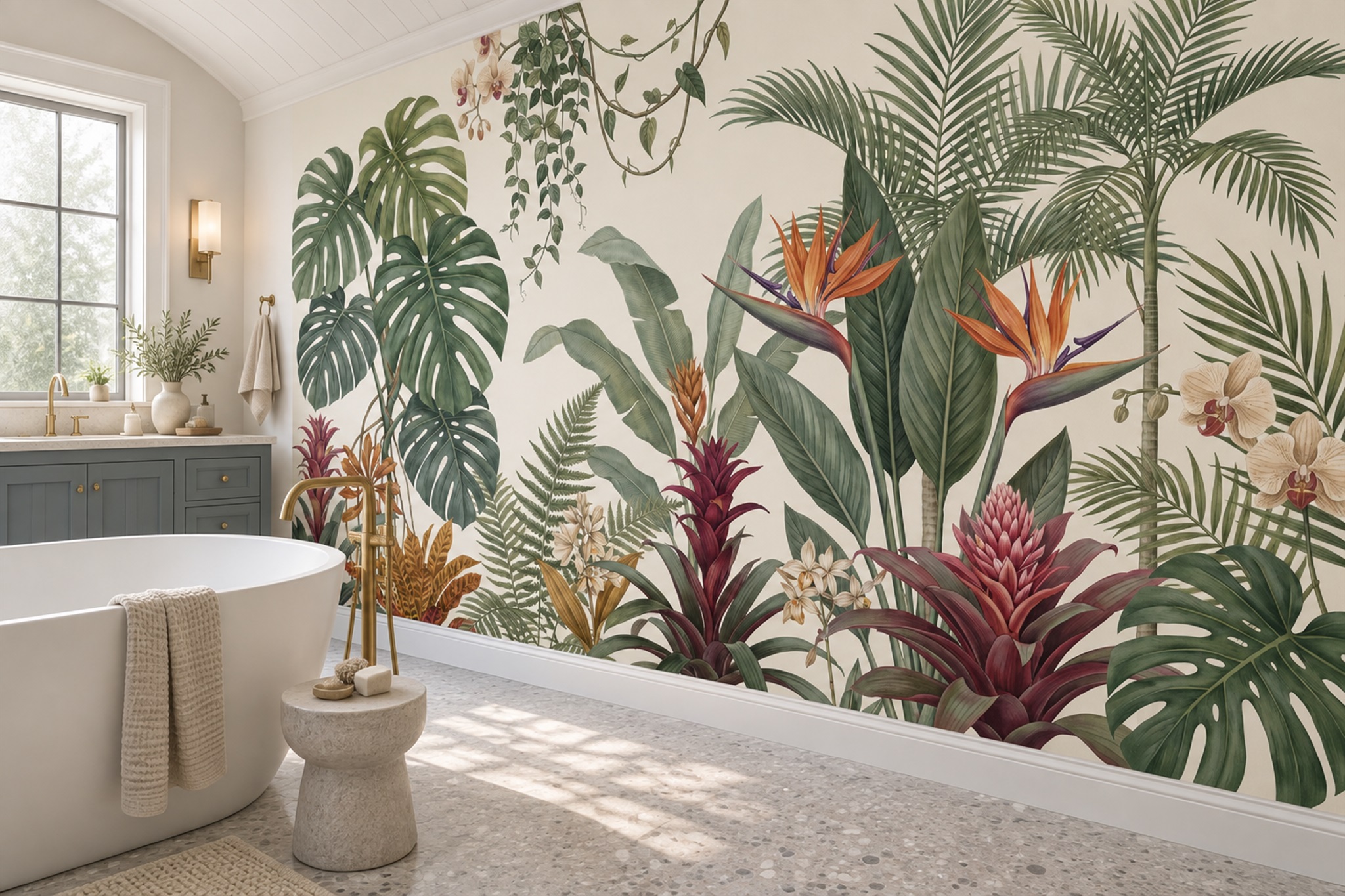 Green Tropical Artful Wallpaper Mural Accent-wall-wallpaper-murals, Peel-and-stick Finish