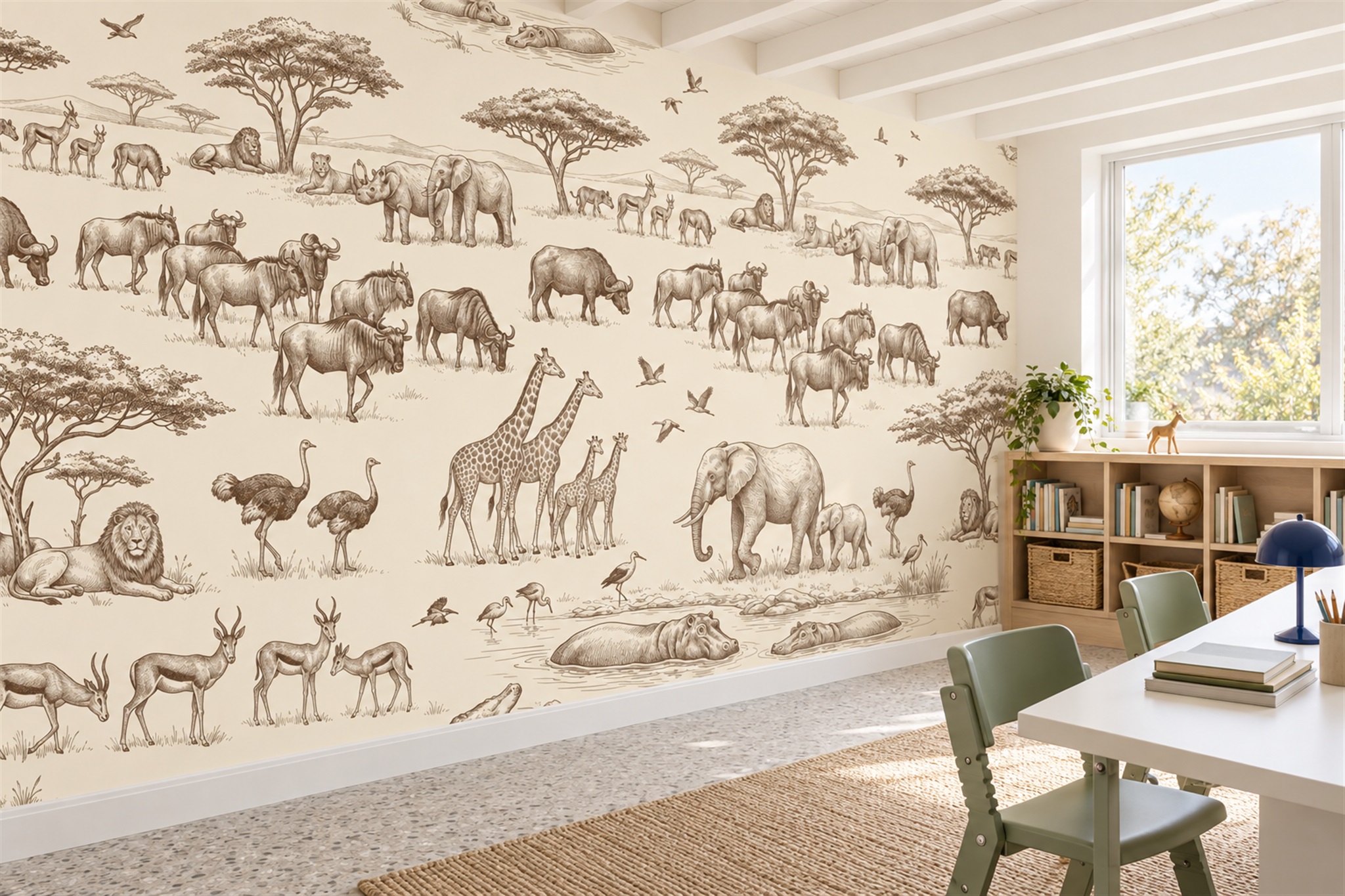 Sepia Safari Scenic Wallpaper Mural Office-wallpaper-murals, Shown In A Home Office, Peel-and-stick Finish