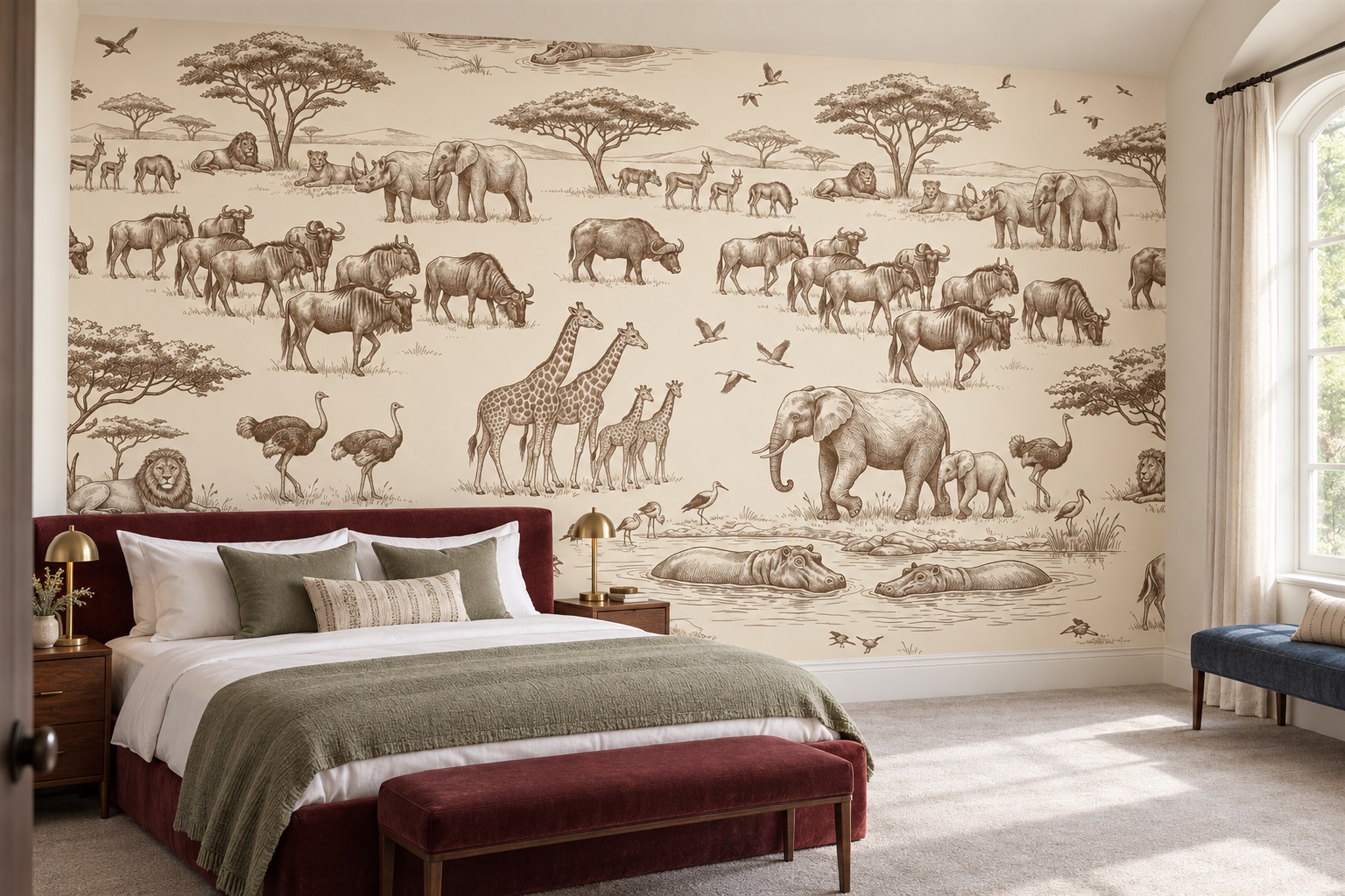 Sepia Safari Scenic Wallpaper Mural Feature-wall-wallpaper-murals, Peel-and-stick Finish