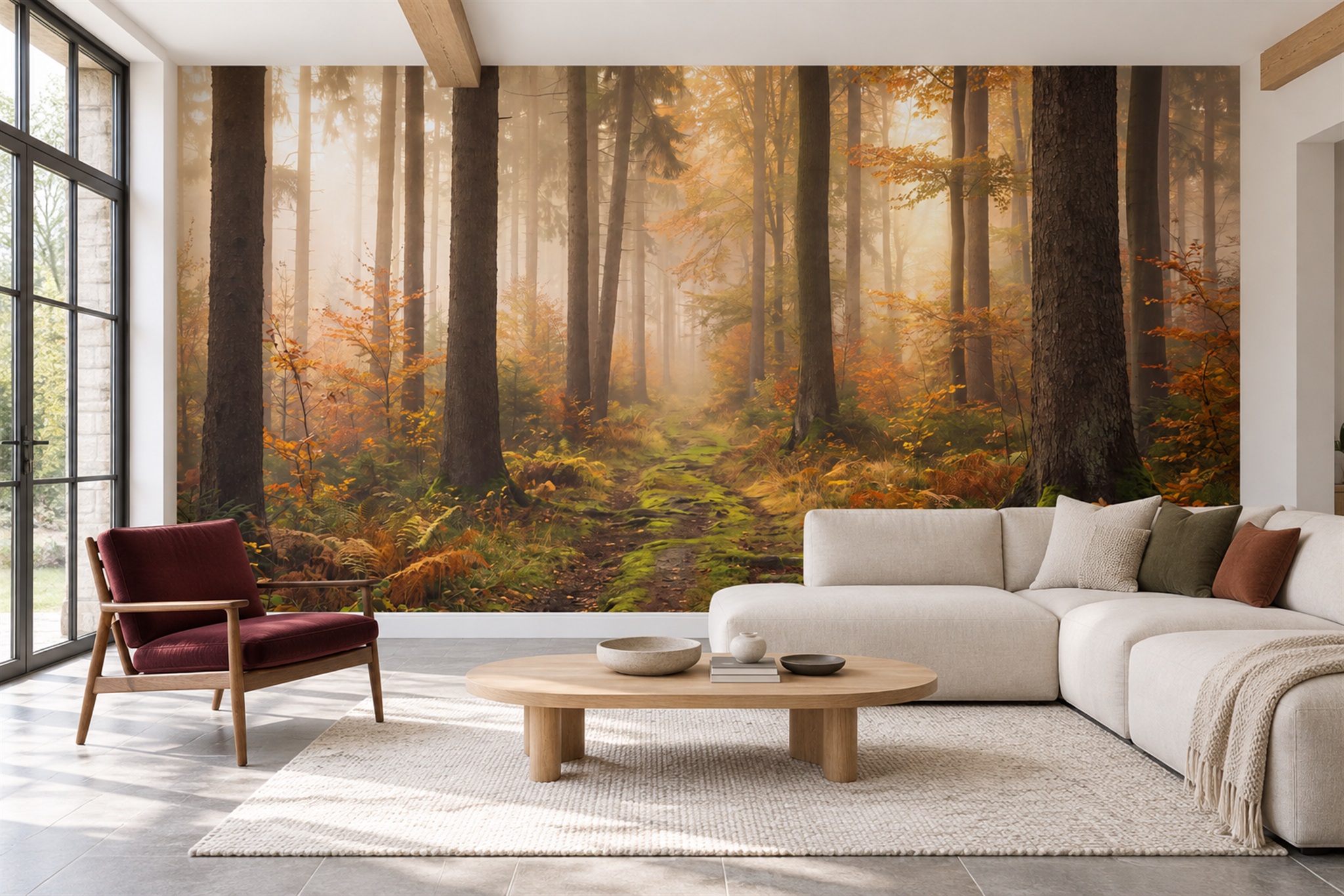 Gold Forest Scenic Layered Wallpaper Mural Living-room-wallpaper-murals, Shown In A Living Room, Peel-and-stick Finish
