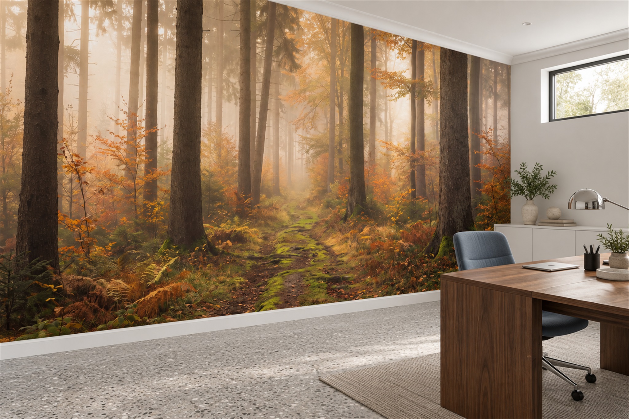 Golden Sunlit Woodland Fern Forest Wallpaper Mural — Installed Wallpaper Mural In A Home Office, Peel-and-stick Finish