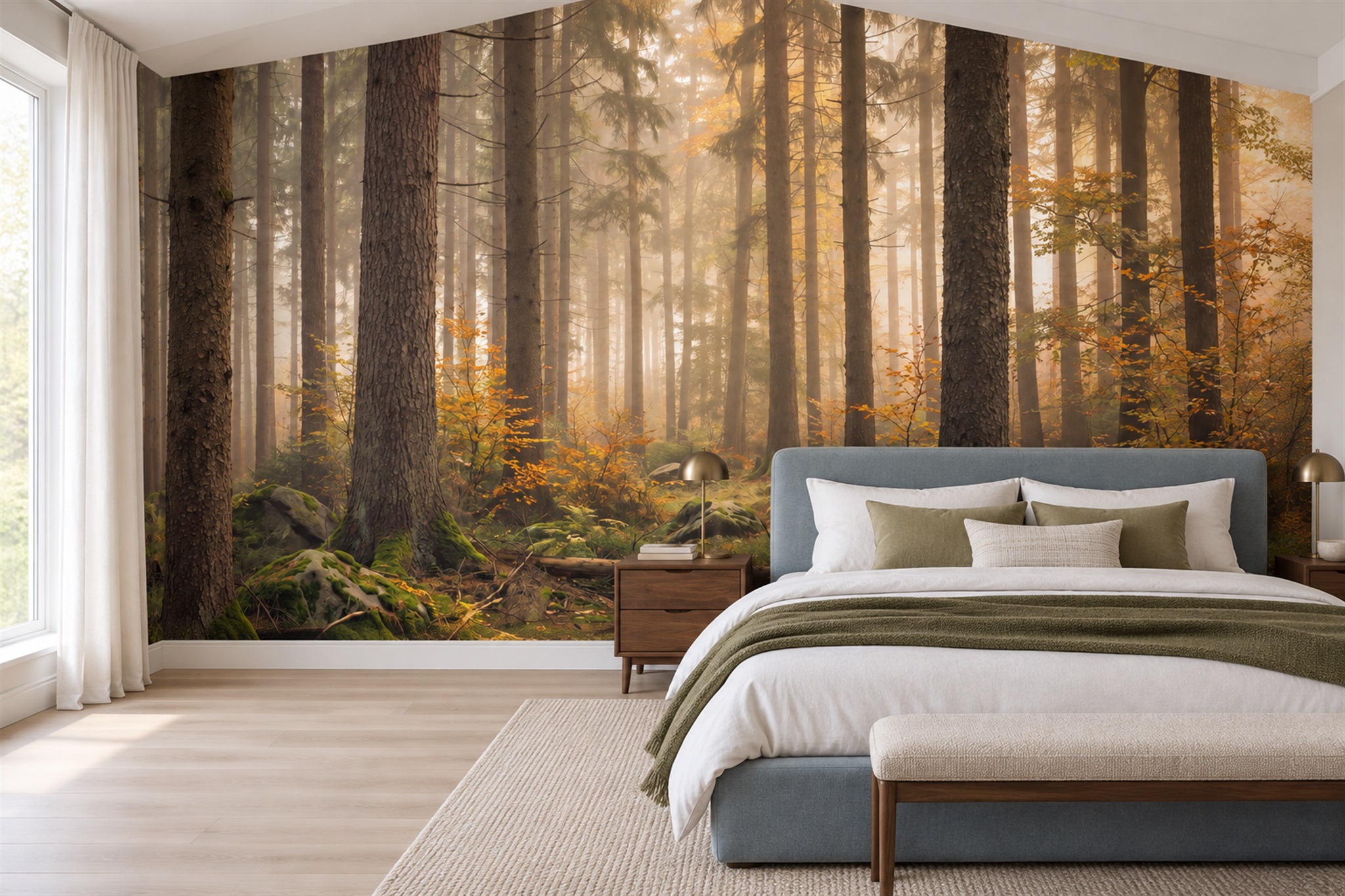 Gold Misty Artful Wallpaper Mural Bedroom-wallpaper-murals, Peel-and-stick Finish