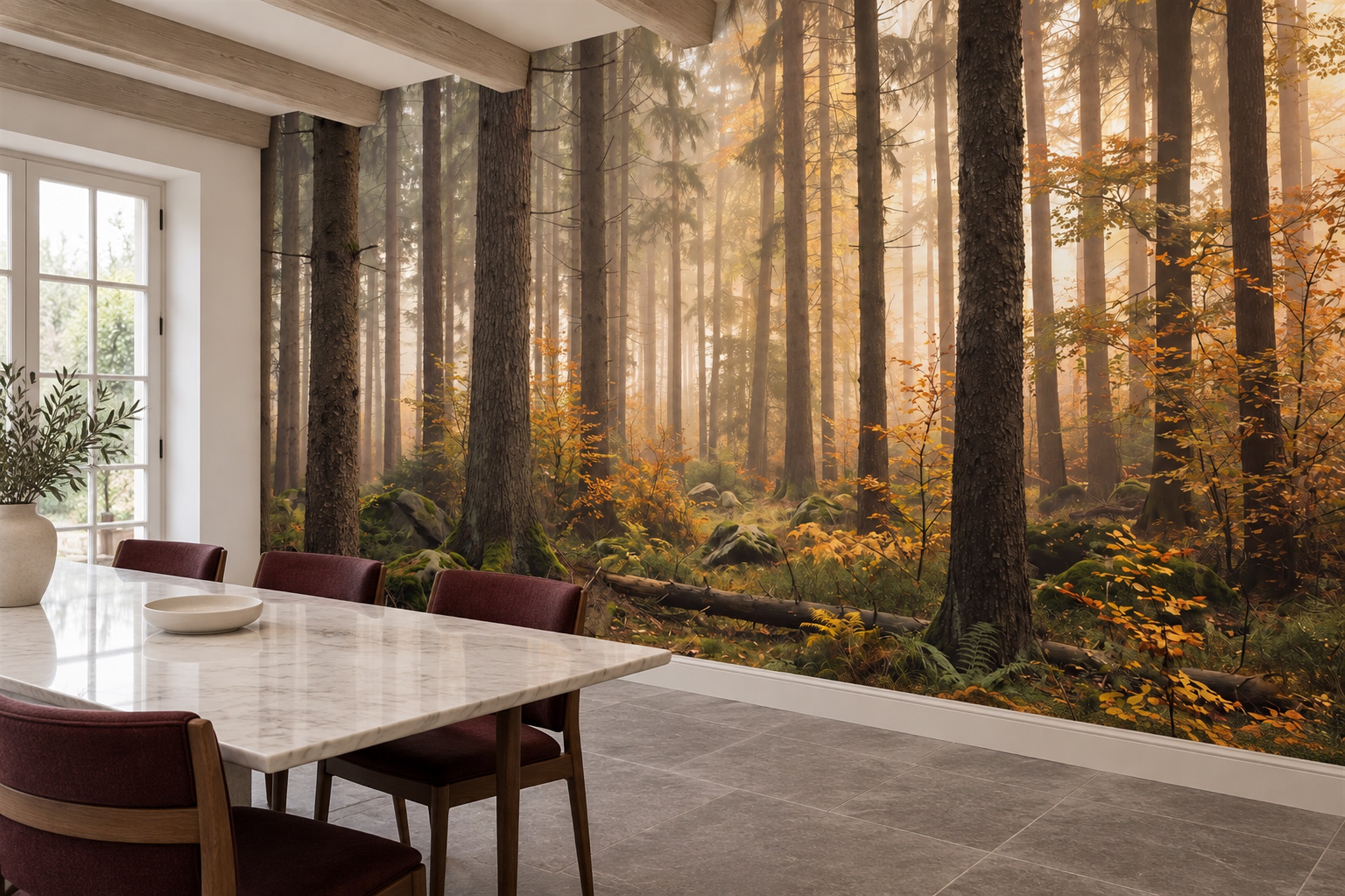 Golden Sunbeams In A Misty Pine Forest Wallpaper Mural — Wallpaper Mural Design, Peel-and-stick Finish
