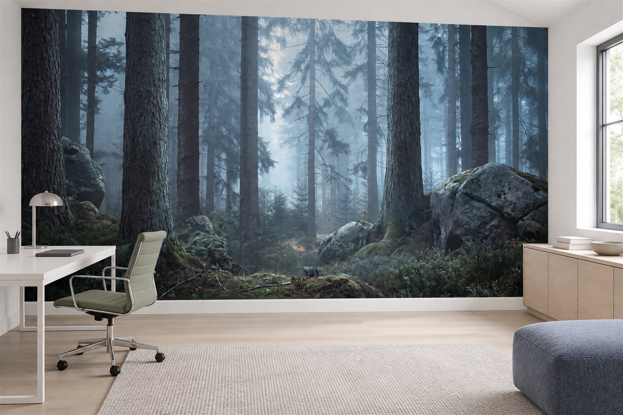 Misty Blue Forest And Mossy Rocks Wallpaper Mural — Installed Wallpaper Mural In A Home Office, Peel-and-stick Finish
