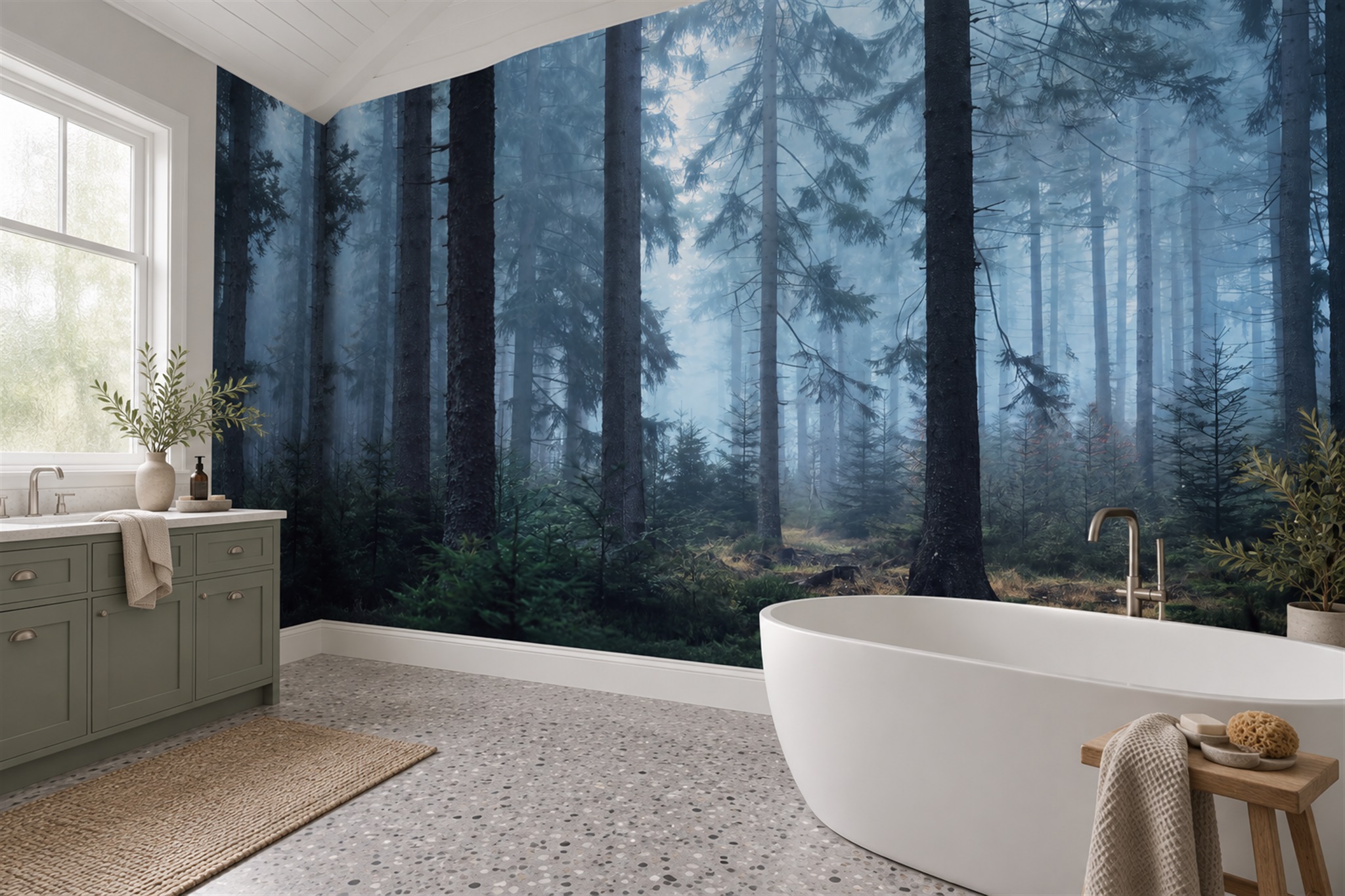 Blue Pattern Decorative Wallpaper Mural Layered Tones Wallpaper Mural Bathroom-wallpaper-murals, Peel-and-stick Finish