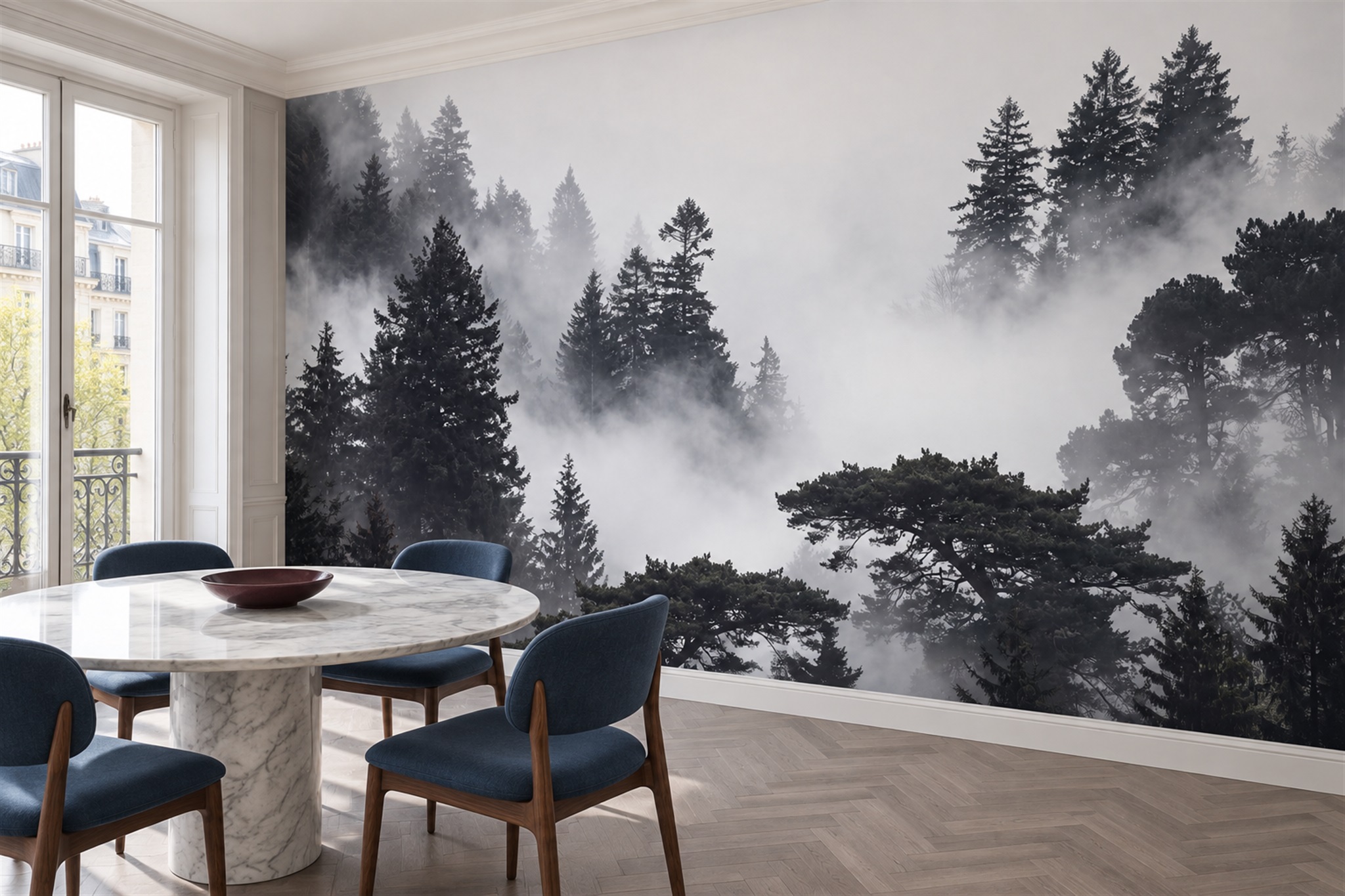 Grey Pine Scenic Wallpaper Mural Dining-room-wallpaper-murals, Shown In A Dining Room, Peel-and-stick Finish