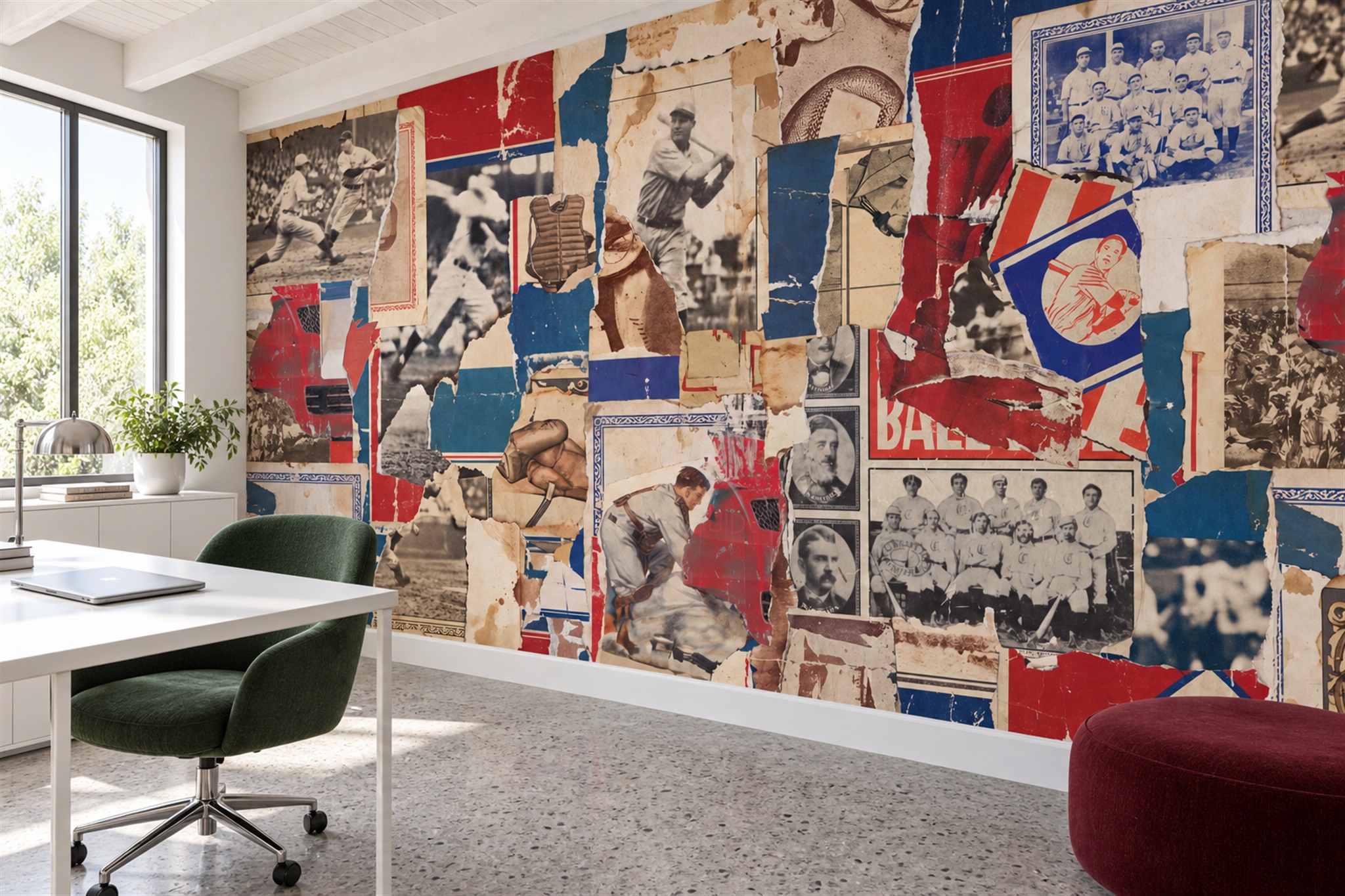 Red Pattern Decorative Layered Wallpaper Mural Office-wallpaper-murals, Shown In A Home Office, Peel-and-stick Finish