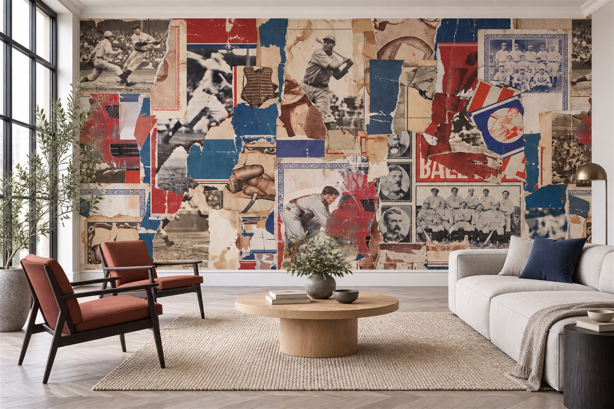 Vintage Baseball Memorabilia Collage Wallpaper Mural — Wallpaper Mural Design, Peel-and-stick Finish