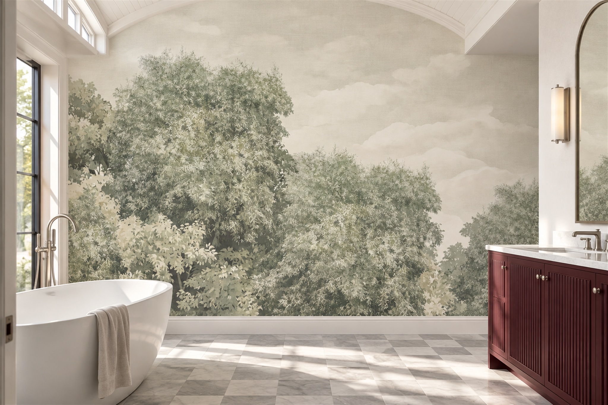 Sage Pattern Decorative Painterly Wallpaper Mural Bathroom-wallpaper-murals, Peel-and-stick Finish