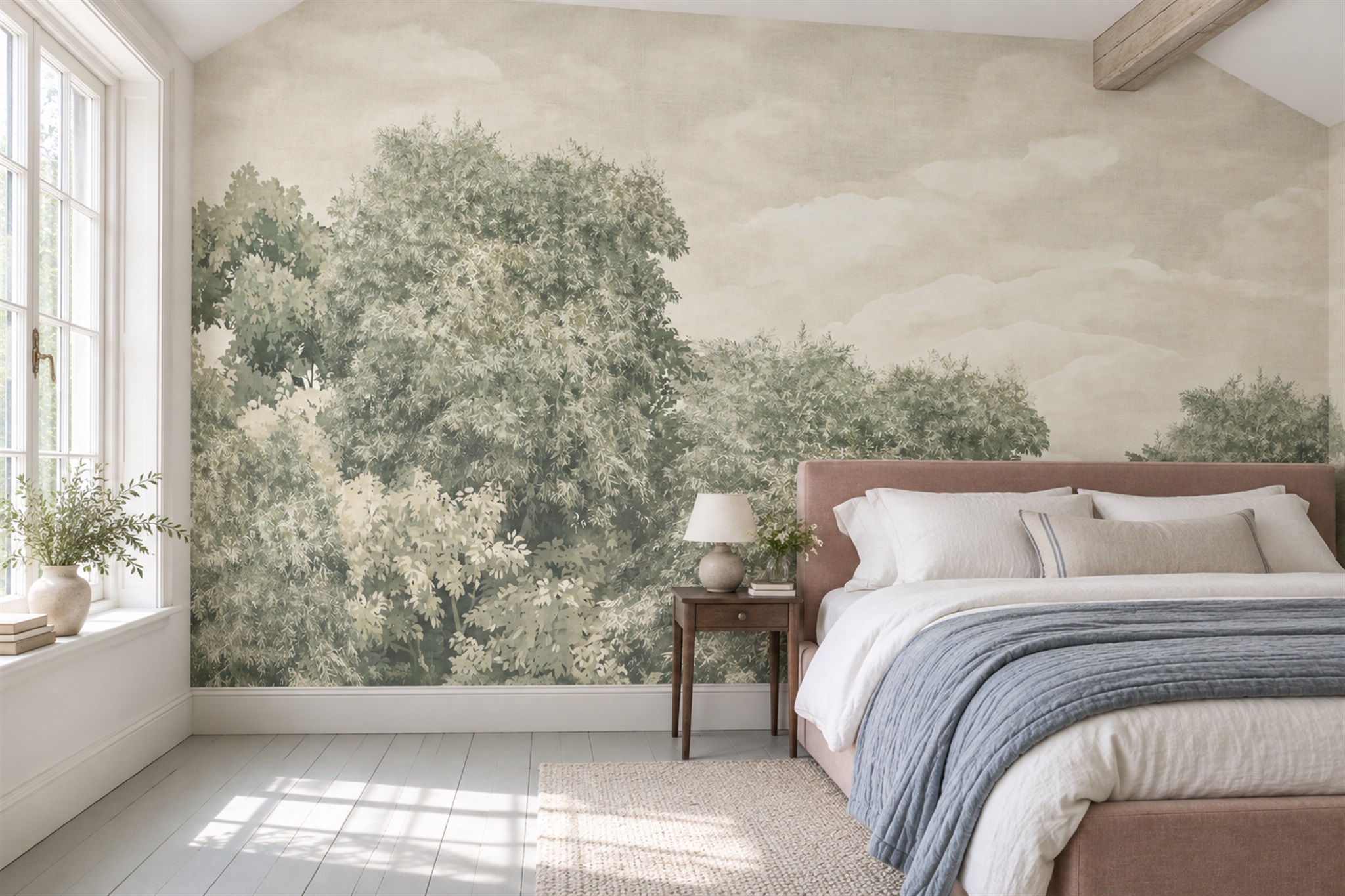 Sage Pattern Decorative Painterly Wallpaper Mural Bedroom-wallpaper-murals, Peel-and-stick Finish