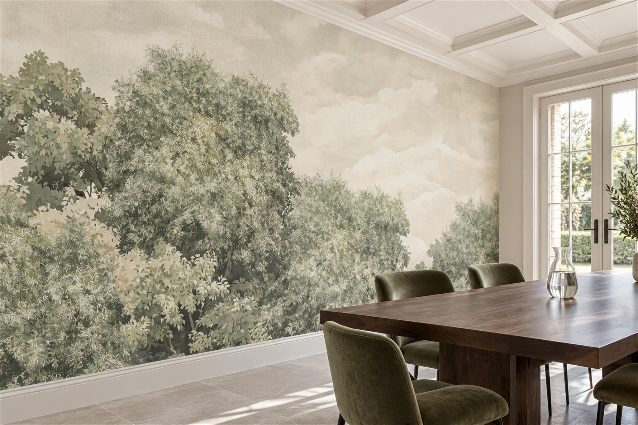 Sage Watercolour Treetops Beneath Soft Clouds Wallpaper Mural — Wallpaper Mural Design, Peel-and-stick Finish