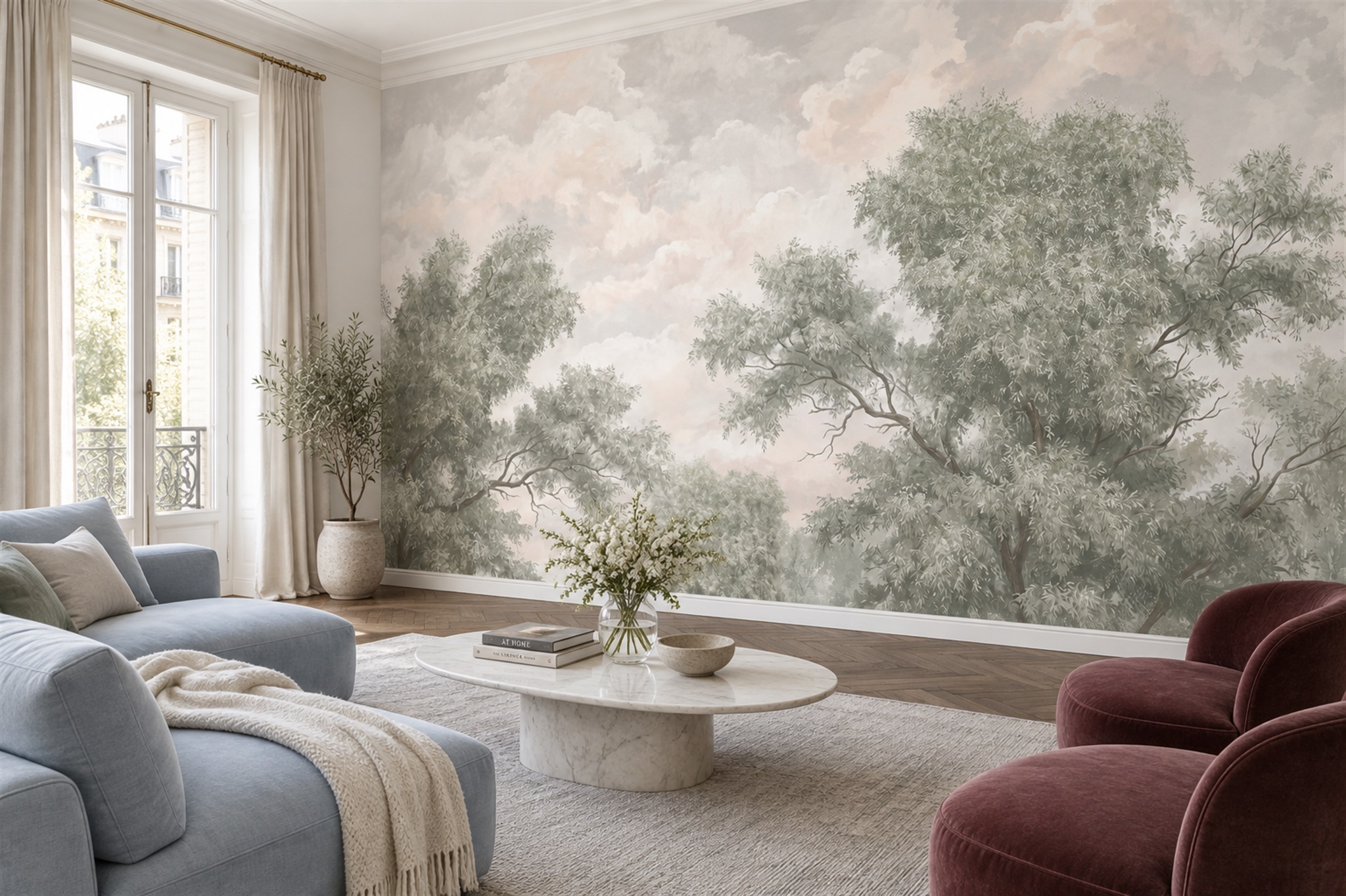 Sage Watercolour Woodland Canopy Wallpaper Mural — Wallpaper Mural Design, Peel-and-stick Finish