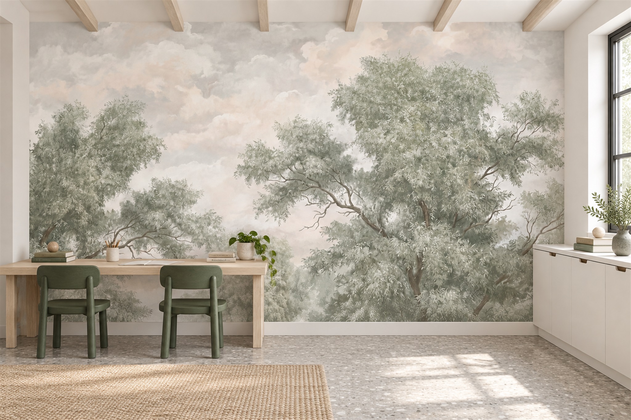 Sage Trees Scenic Watercolour Wallpaper Mural Office-wallpaper-murals, Shown In A Home Office, Peel-and-stick Finish