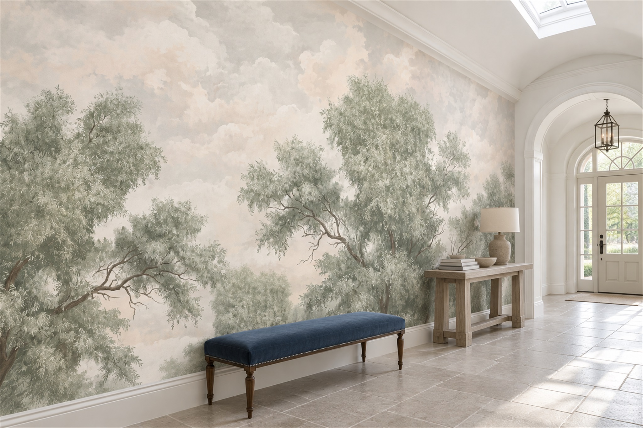 Sage Trees Scenic Watercolour Wallpaper Mural Living-room-wallpaper-murals, Peel-and-stick Finish