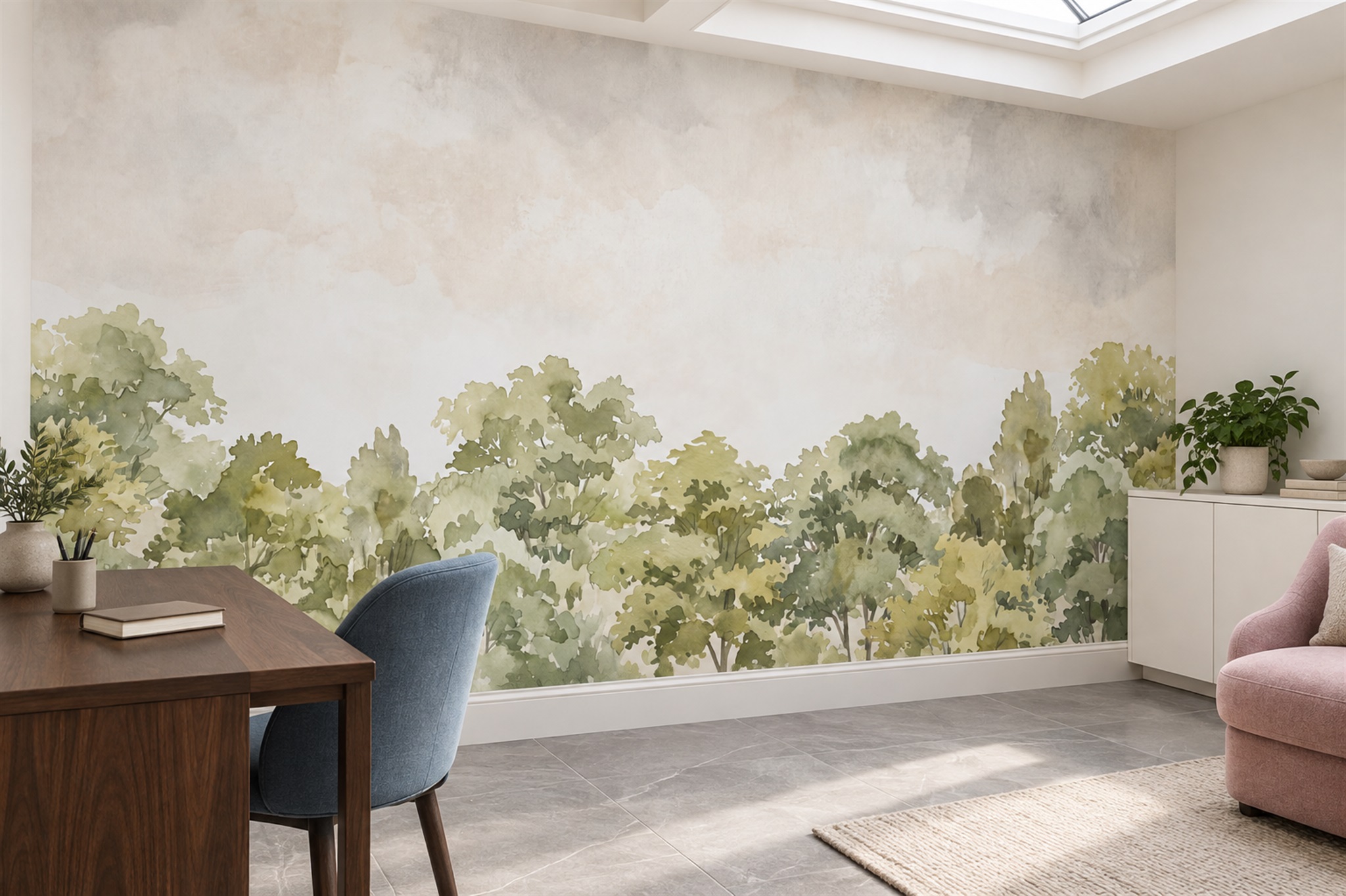 Olive Pattern Decorative Layered Wallpaper Mural Office-wallpaper-murals, Shown In A Home Office, Peel-and-stick Finish