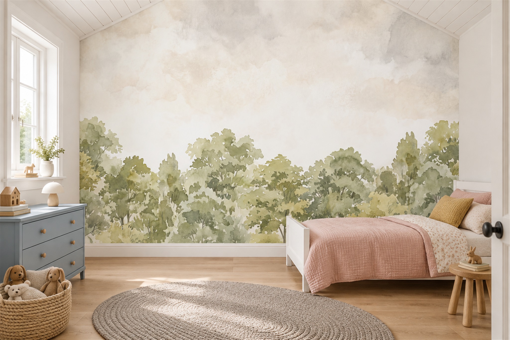 Olive Watercolour Treeline With Open Sky Wallpaper Mural — Installed Wallpaper Mural In A Nursery, Peel-and-stick Finish