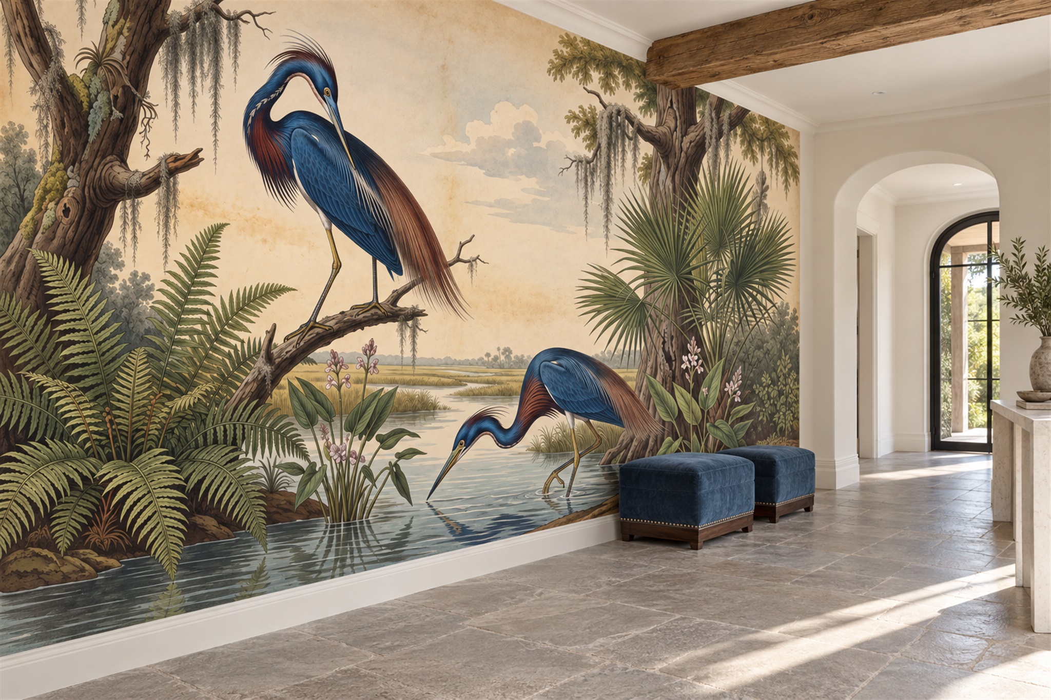 Blue Heron Illustrated Abstract Wallpaper Mural Hallway-wallpaper-murals, Peel-and-stick Finish