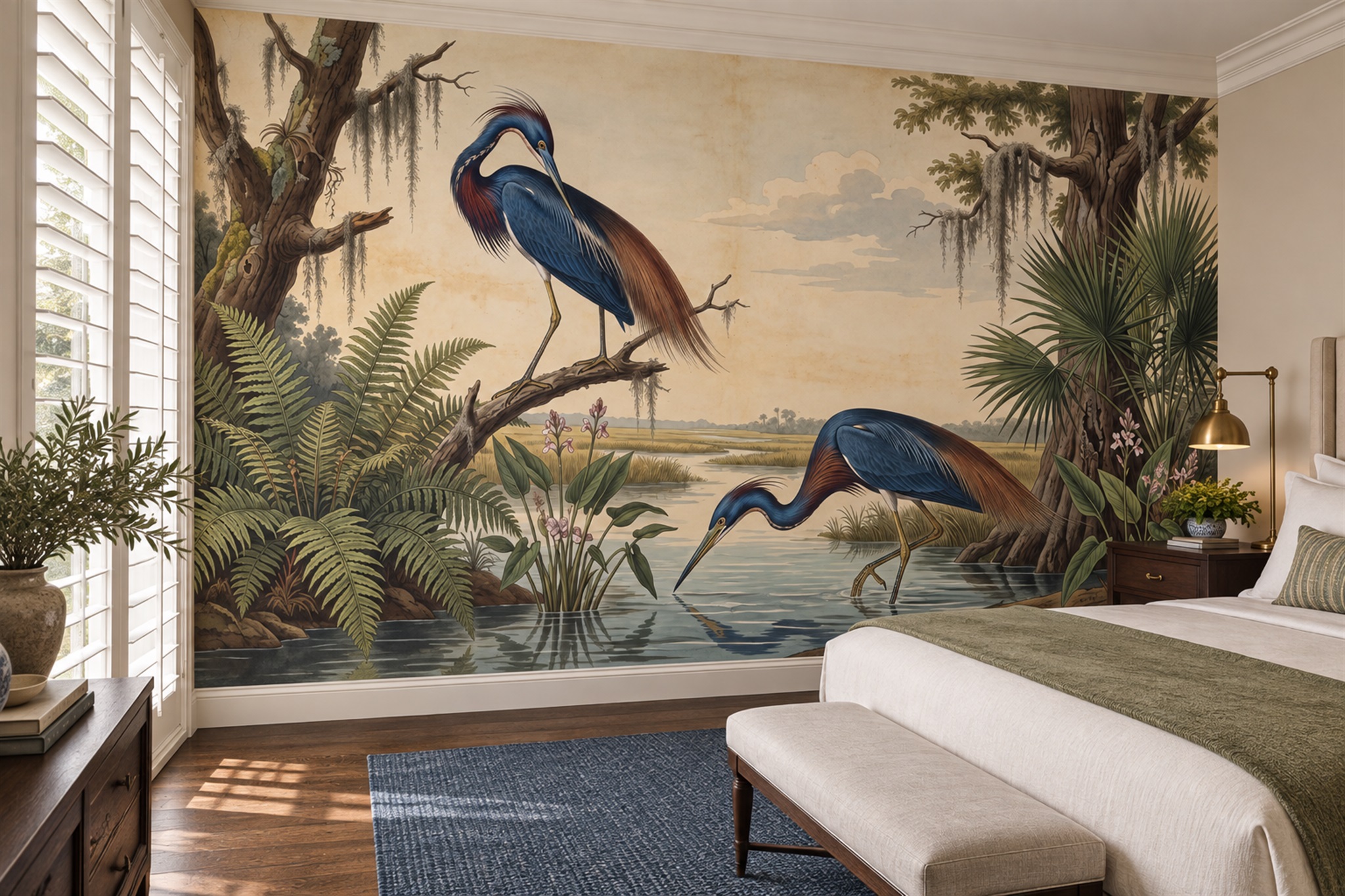 Blue Heron Illustrated Abstract Wallpaper Mural Bedroom-wallpaper-murals, Peel-and-stick Finish