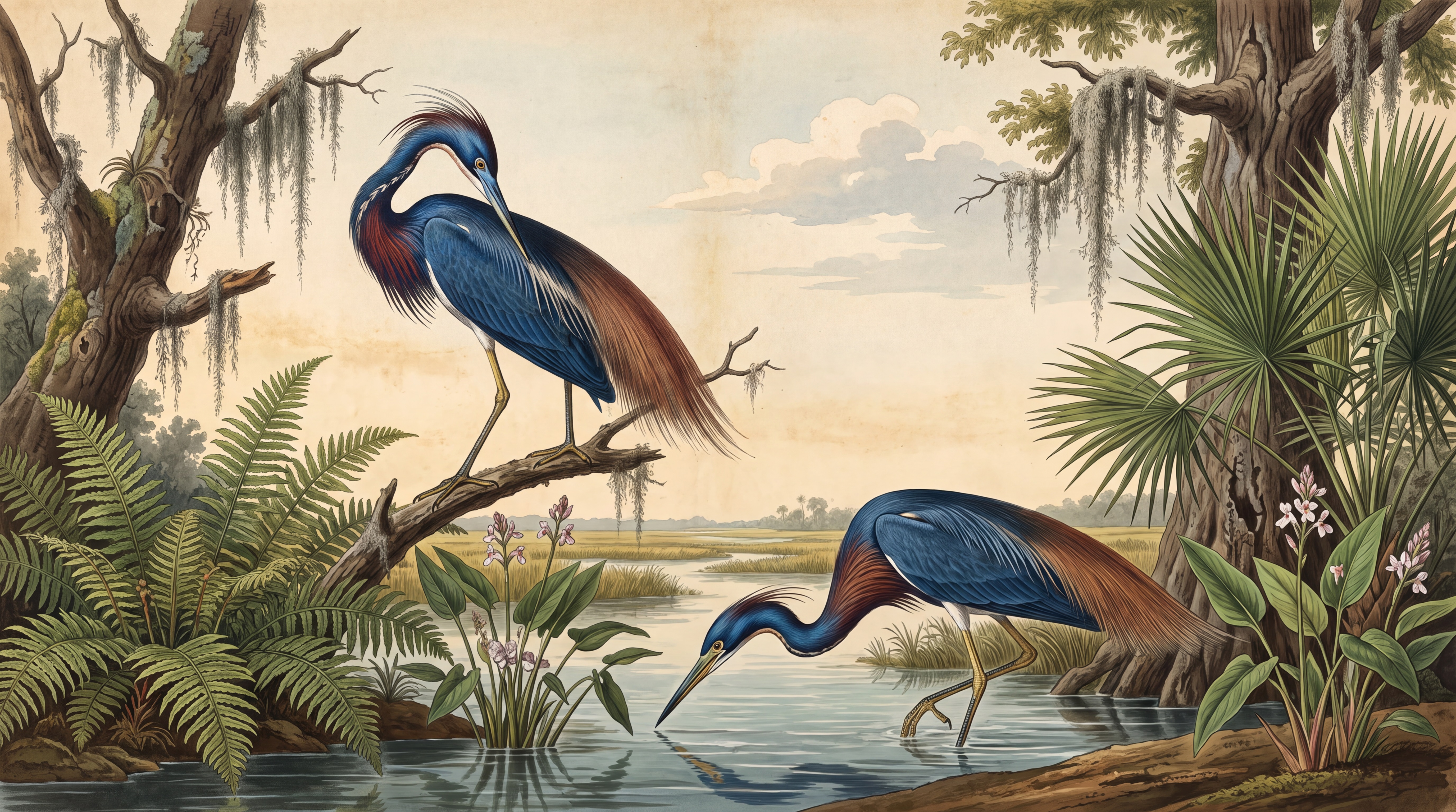Blue Heron Illustrated Abstract Wallpaper Mural, Peel-and-stick Finish