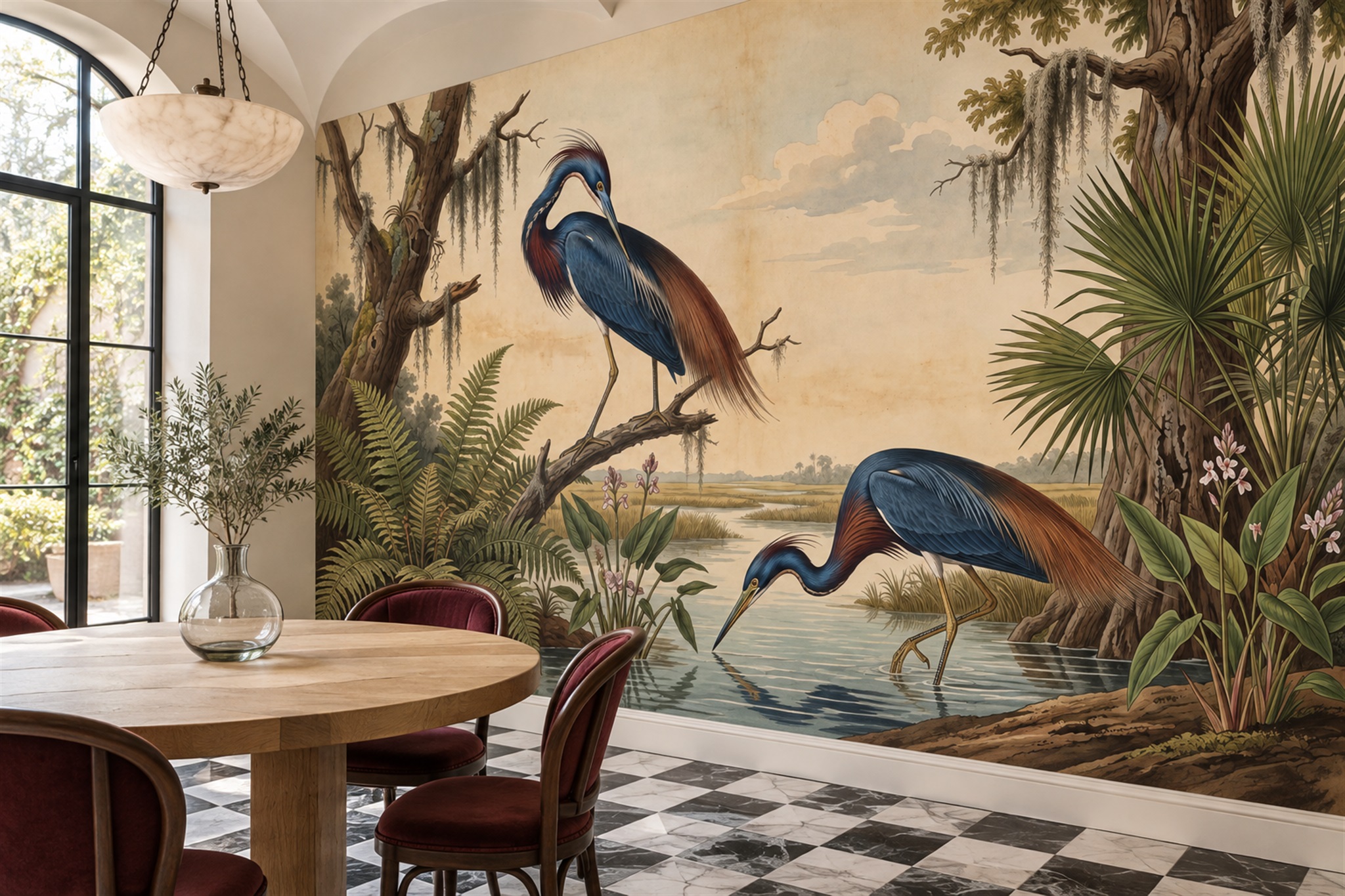 Blue Heron Illustrated Abstract Wallpaper Mural Hallway-wallpaper-murals, Peel-and-stick Finish