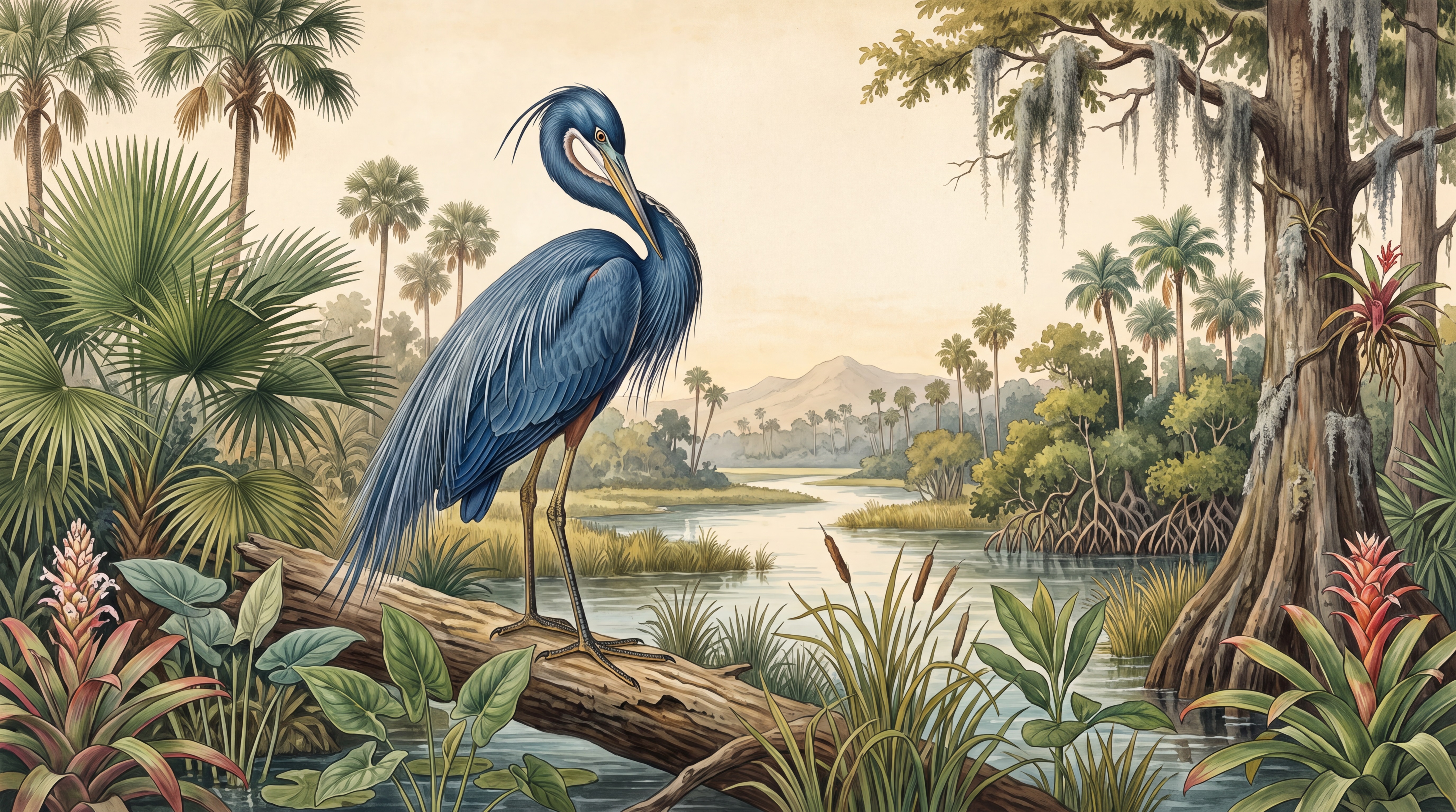 Blue Heron Illustrated Decorative Wallpaper Mural, Peel-and-stick Finish