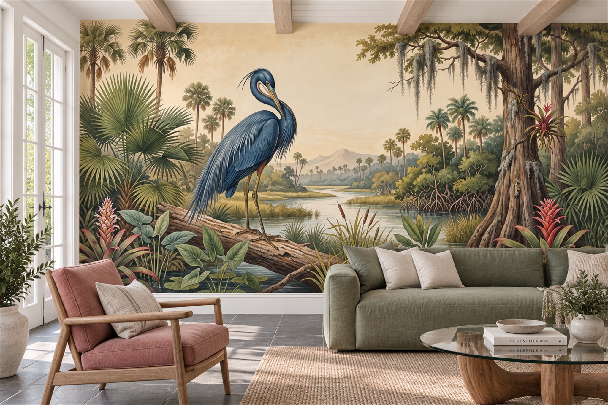 Blue Heron Illustrated Decorative Wallpaper Mural Living-room-wallpaper-murals, Shown In A Living Room, Peel-and-stick Finish
